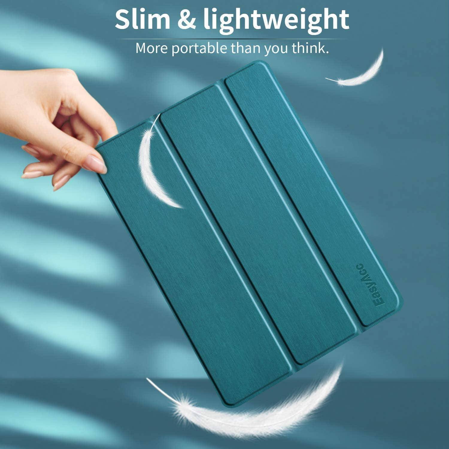 Eine Hand, die ein schlankes, türkisfarbenes Tablet-Etui hält, mit den Worten ‚Schlank & leicht' im Hintergrund, wobei die Tragbarkeit betont wird.