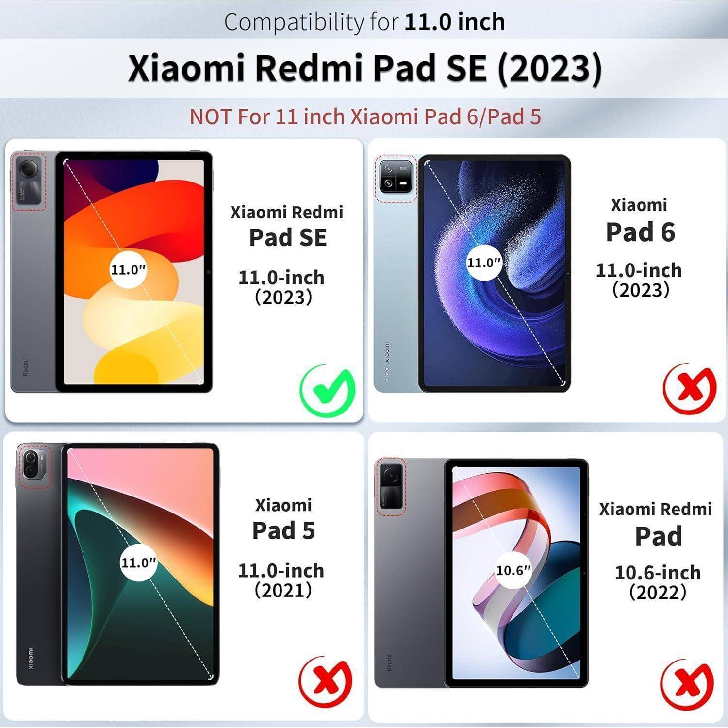 Bild zeigt vier Tablet-Modelle mit Kompatibilitätsdetails für die 11,0-Zoll-Größe: Xiaomi Redmi Pad SE (2023) kompatibel; Pad 6, Pad 5 inkompatibel.