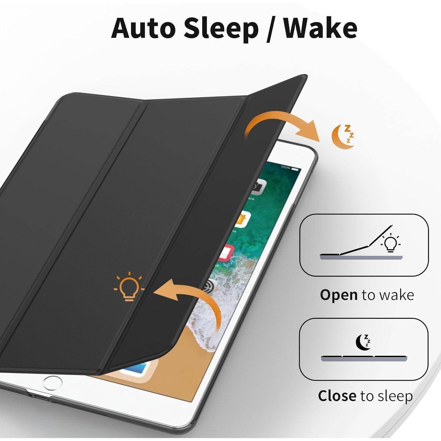 Tablet-Hülle mit Auto Sleep/Wake-Funktion: Öffnen zum Aufwecken, Schließen zum Einschlafen; Pfeile zeigen Hüllenfunktionen mit Symbolen zum Wecken und Einschlafen.