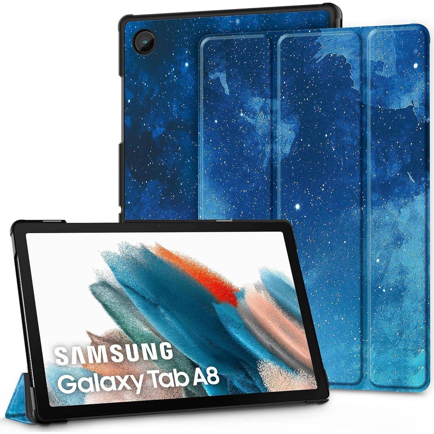 Samsung Galaxy Tab A8 mit einer blau-sternenmusterten Hülle. Das Tablet wird sowohl mit geöffneter als auch geschlossener Hülle präsentiert, wobei sein elegantes Design zur Geltung kommt.