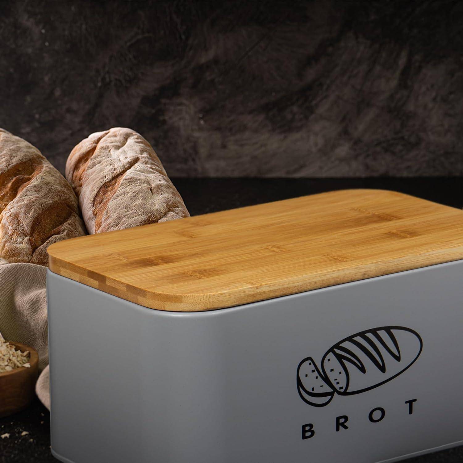 Brotkasten mit Bambusdeckel Metall Retro Grau 30cm * 18cm * 14cm