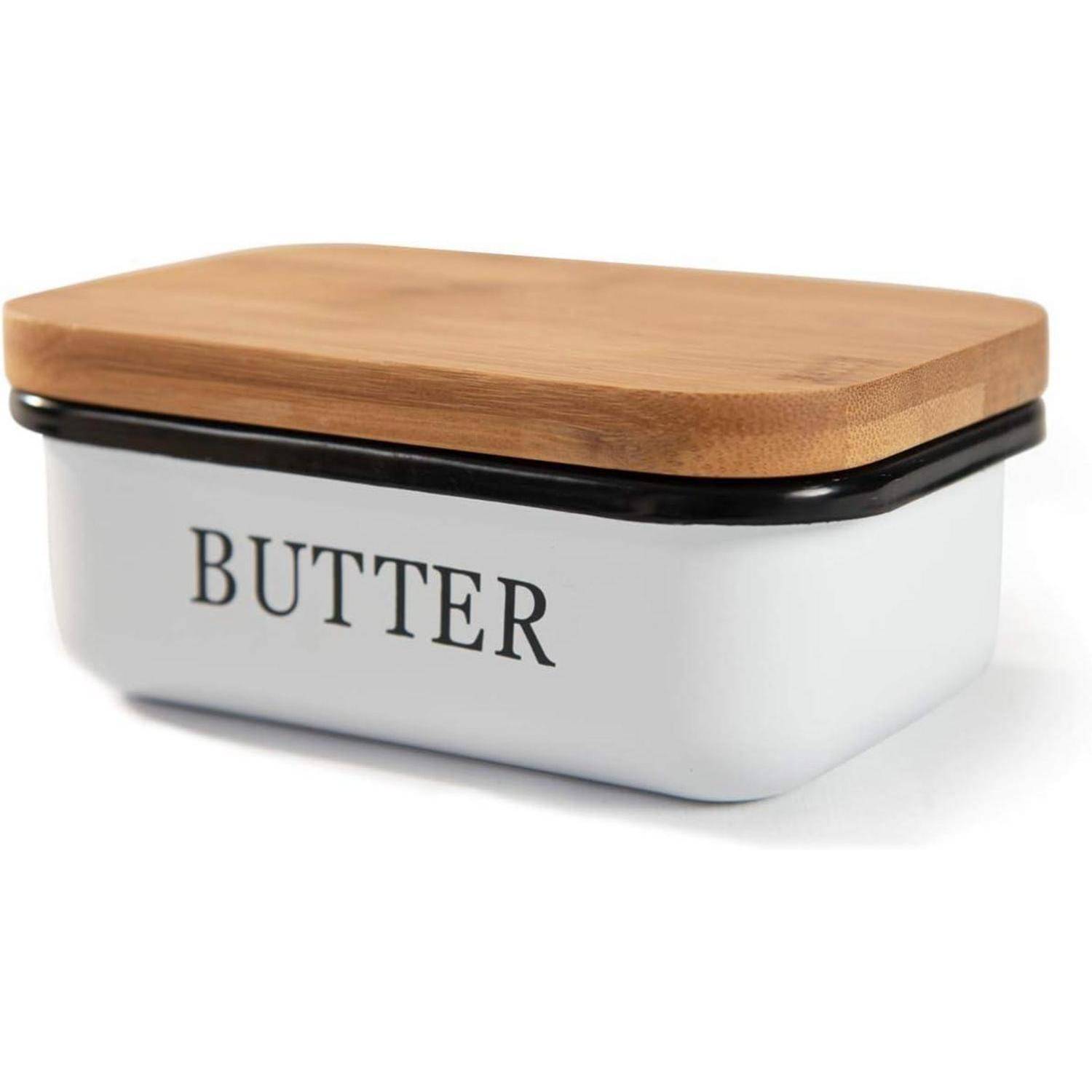 Butterdose mit Holzdeckel für 250 g Butter Weiß - Bambusdeckel