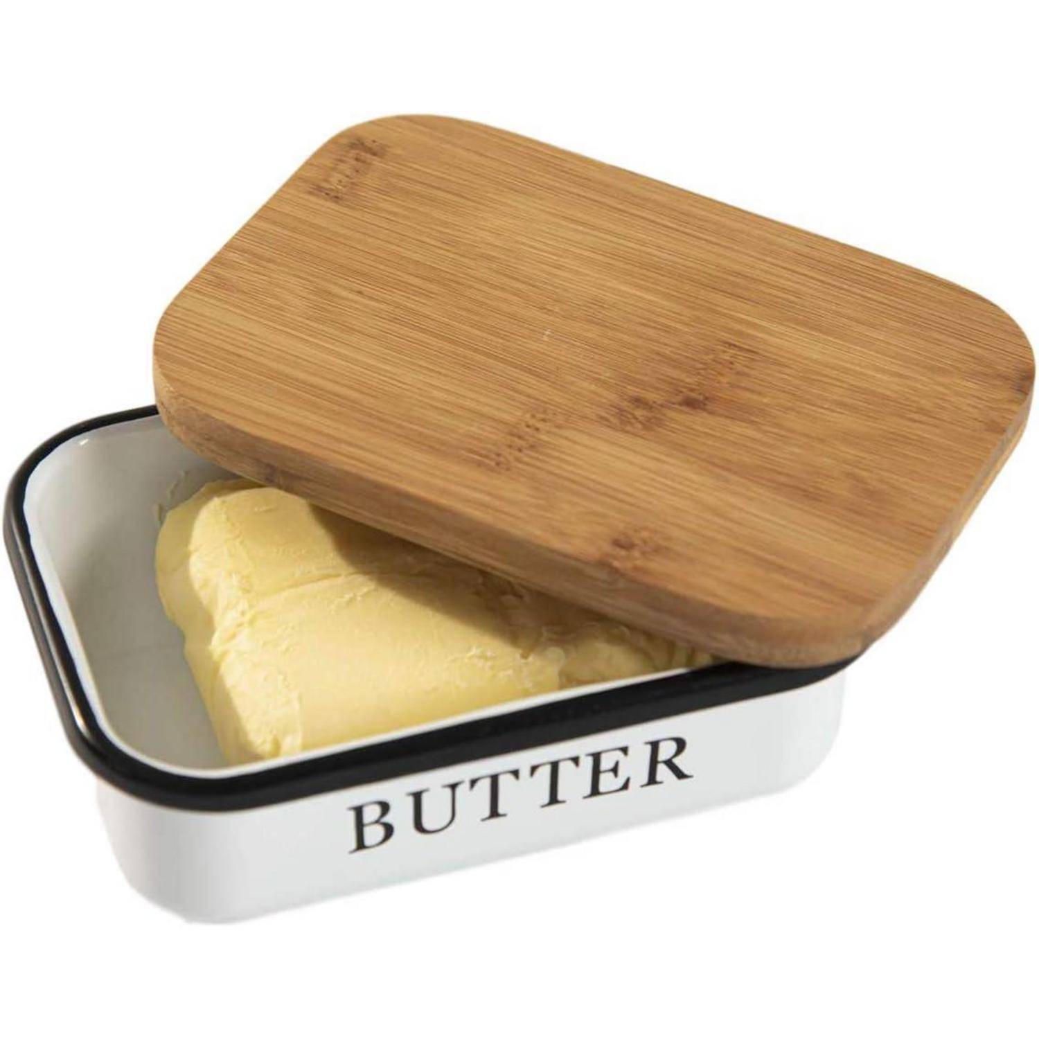 Butterdose mit Holzdeckel für 250 g Butter Weiß - Bambusdeckel