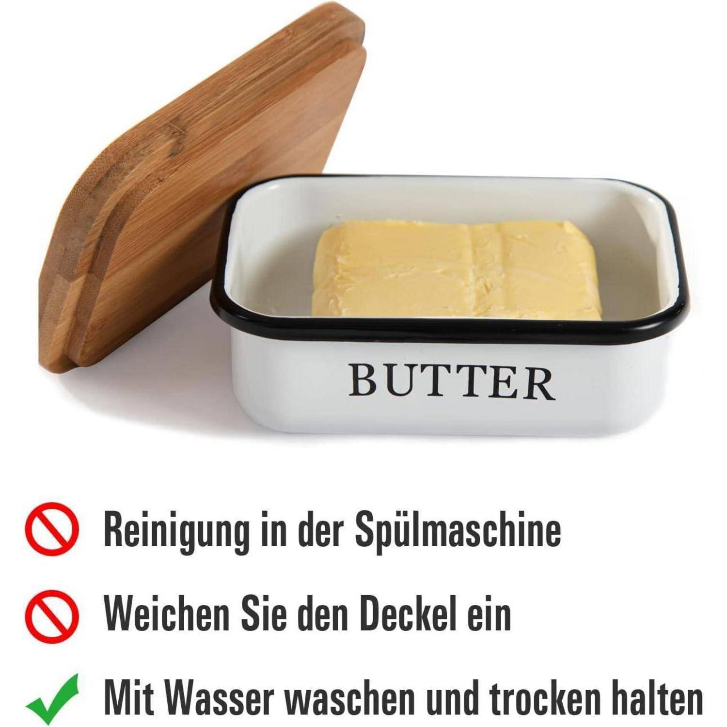 Butterdose mit Holzdeckel für 250 g Butter Weiß - Bambusdeckel