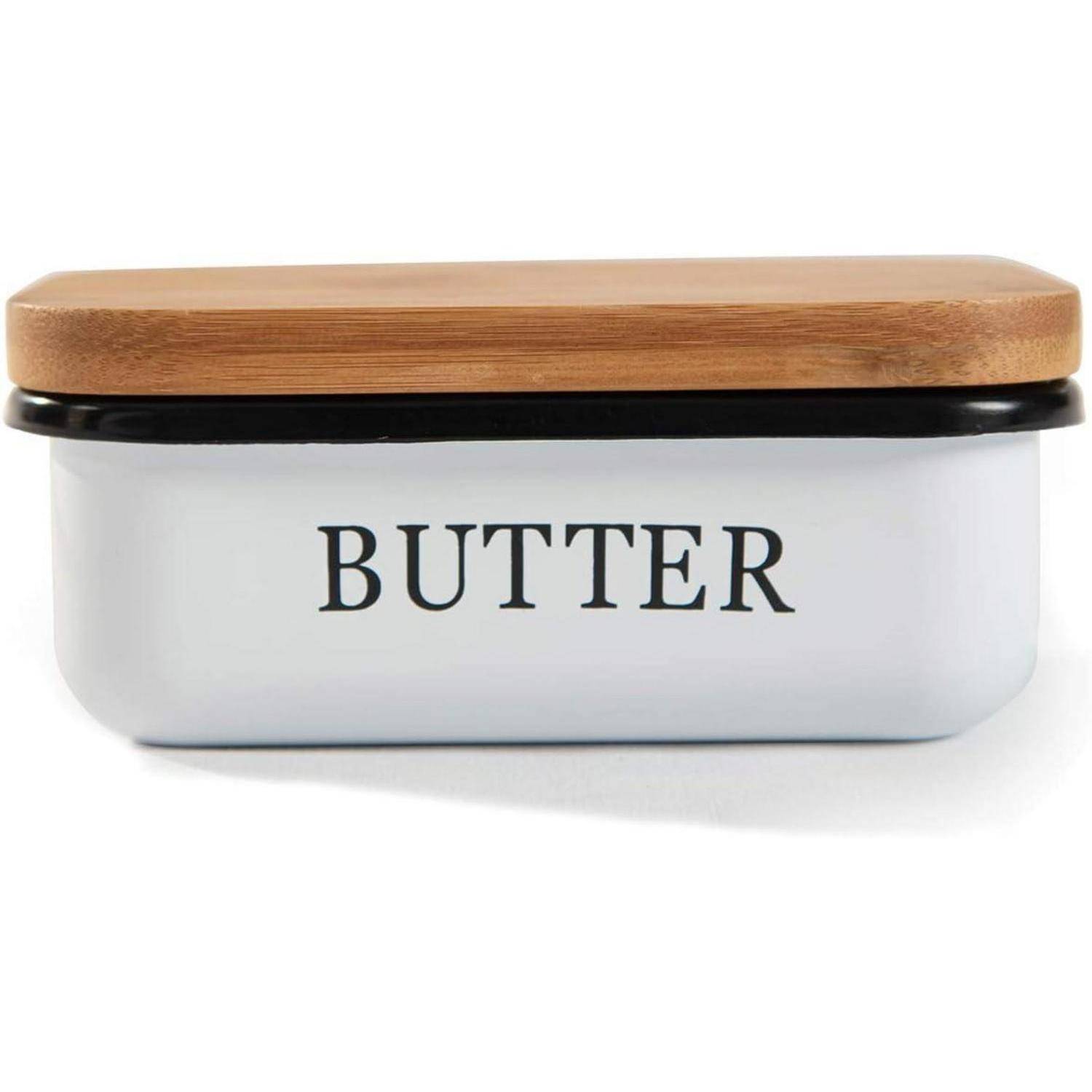 Butterdose mit Holzdeckel für 250 g Butter Weiß - Bambusdeckel