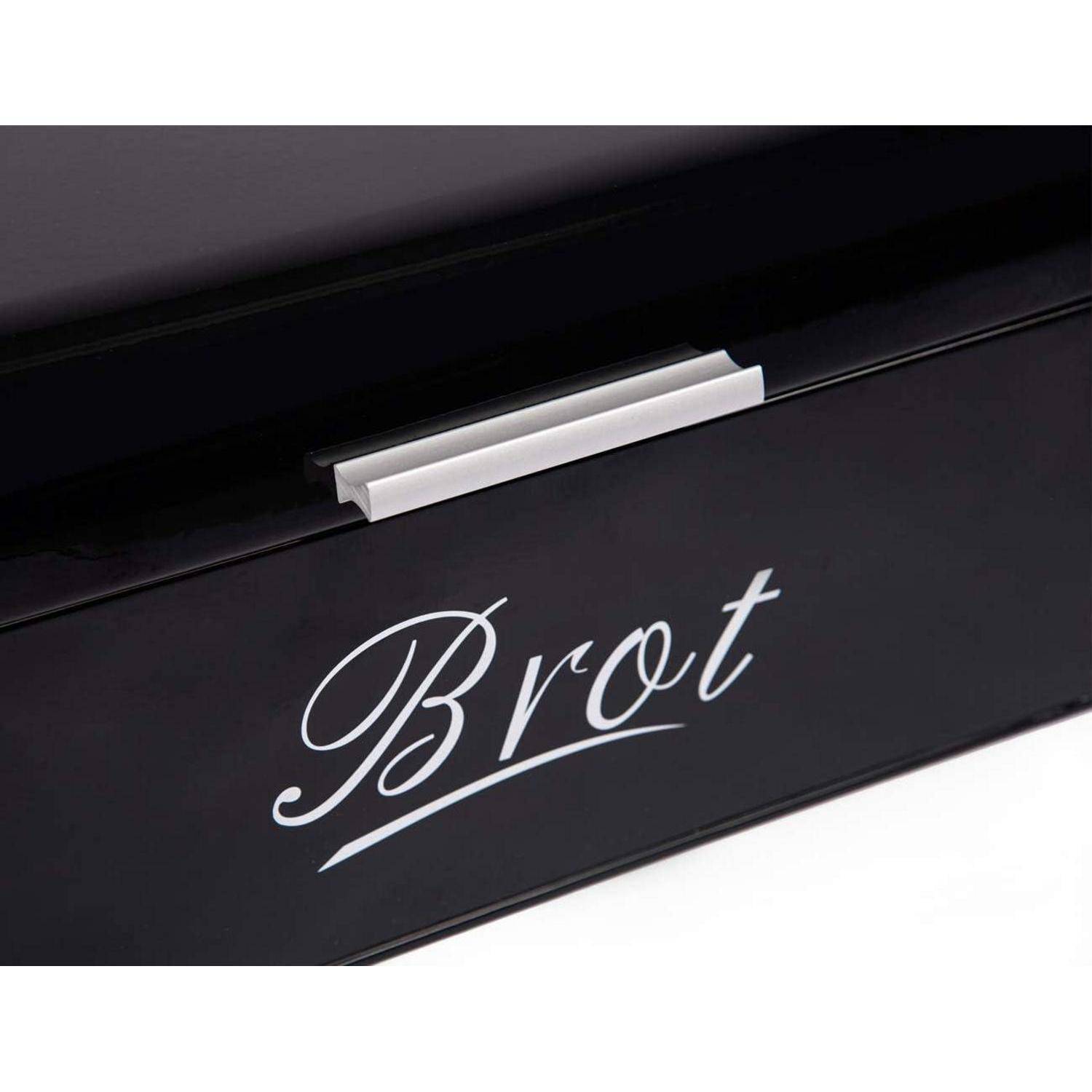 Eine schwarze Brotdose mit einem eleganten silbernen Griff und dem Wort 'Brot', das in weißer Schrift zierlich auf der Vorderseite geschrieben steht.
