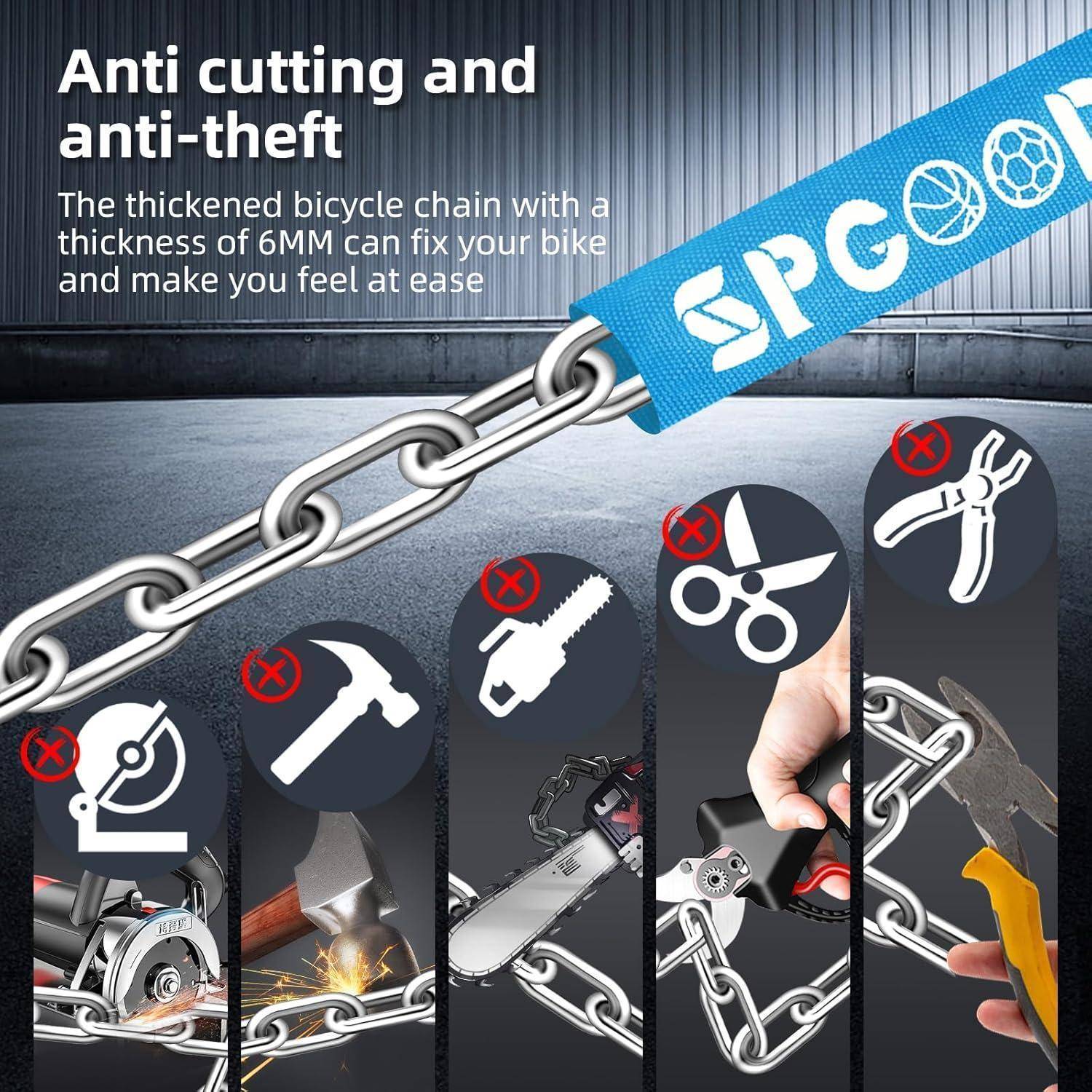 Bild eines Fahrradkettenschlosses mit 'SPC'-Etikett, das Symbole von Werkzeugen wie Zange und Hammer zeigt, jeweils mit einem roten 'Verbotszeichen', das Widerstandsfähigkeit gegen Durchtrennung oder Diebstahl andeutet.