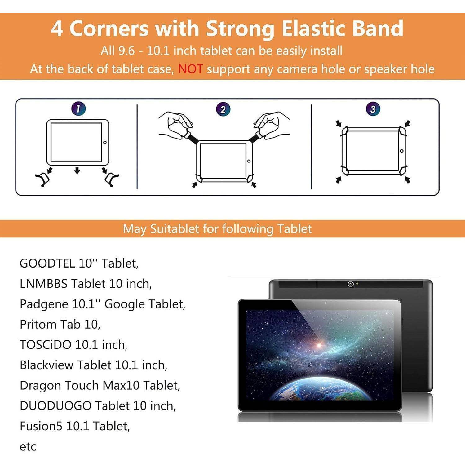 "4 Ecken mit starkem Gummizug" Tablet-Hülle, passend für Größen von 9,6-10,1 Zoll. Diagramme zeigen Befestigungsmethode. Kompatible Marken aufgelistet.