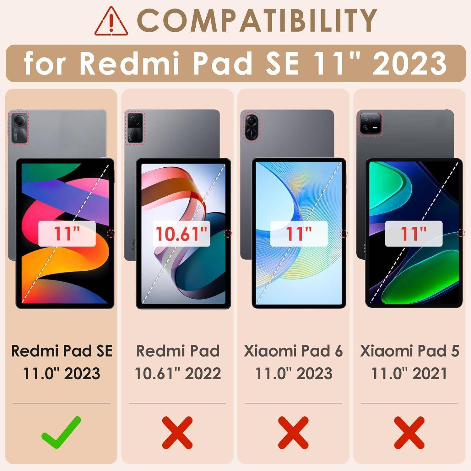 "Kompatibilität für Redmi Pad SE 11" 2023"" zeigt vier Tablets mit Bildschirmgrößen. Nur ""Redmi Pad SE 11,0"" 2023"" hat ein grünes Häkchen.