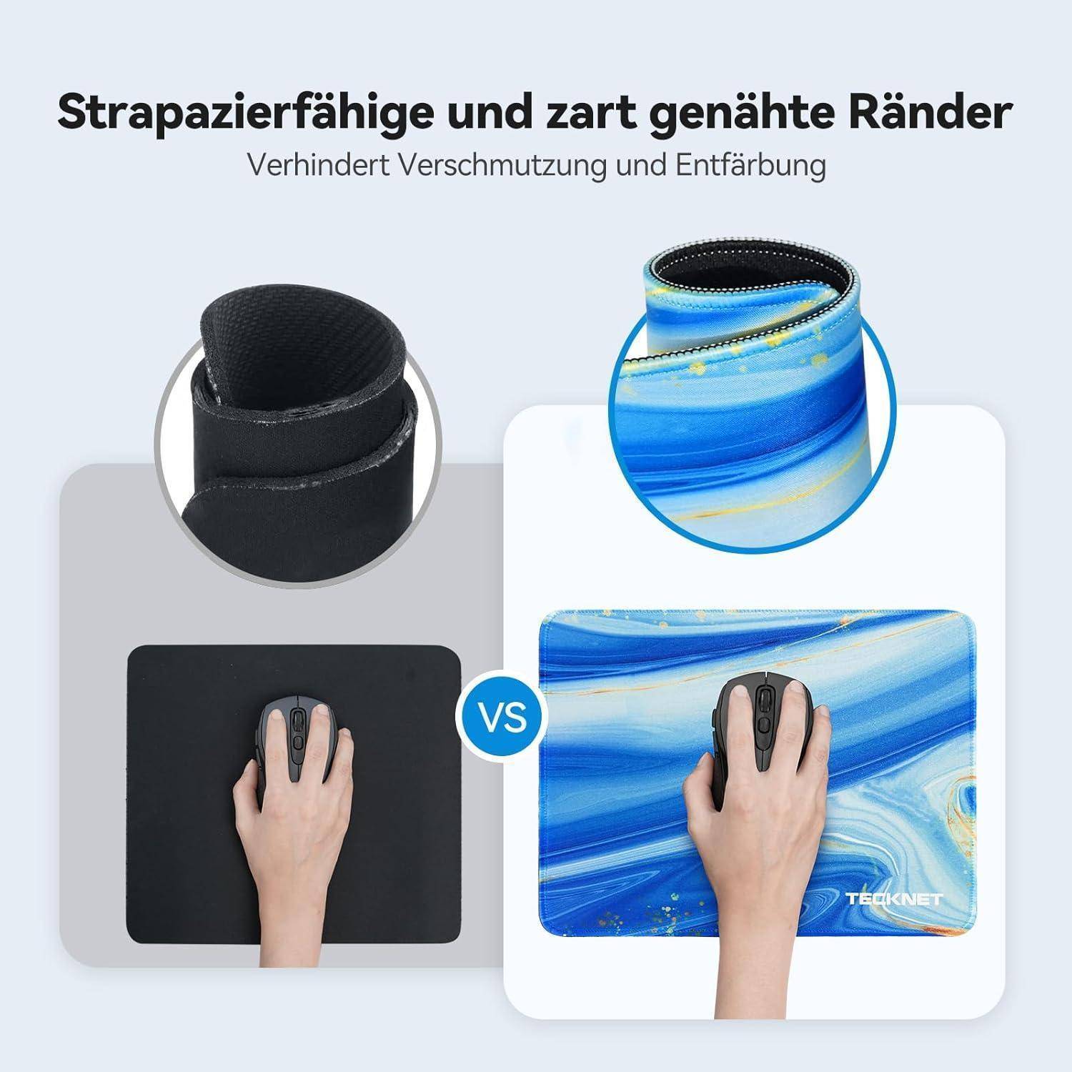 Vergleich zweier Mousepads; ein schwarzes und ein blaues, auf jedem eine Hand. Text lautet: Strapazierfähige und zart genähte Ränder.