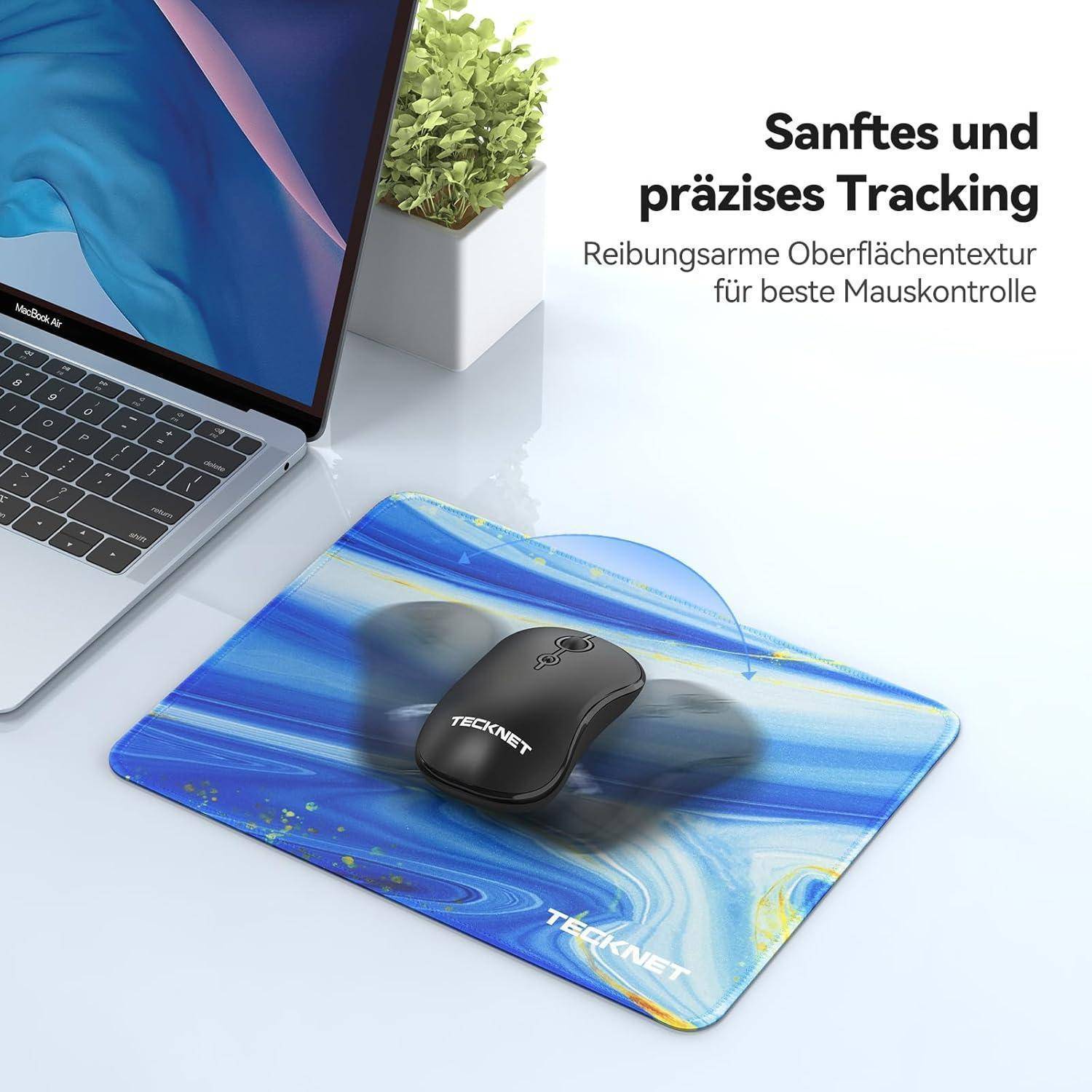Mousepad mit blau-gelbem Wirblmuster, ausgestattet mit einer schwarzen drahtlosen Maus. Text auf Deutsch bewirbt sanftes und präzises Tracking.