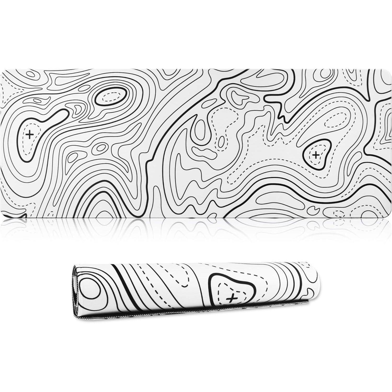 Eine weiße Schreibunterlage mit einem topografischen Kartendesign, das detaillierte schwarze Höhenlinien und Muster zeigt, in aufgerollter und ausgerollter Ansicht.