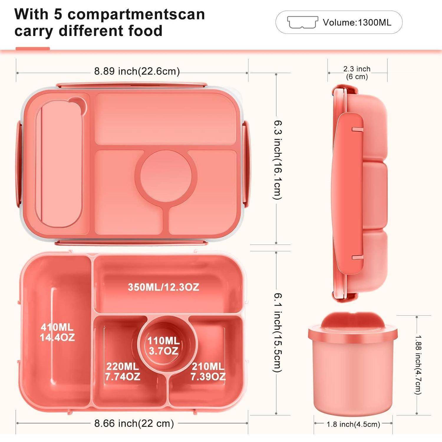 Rosa Bento-Box mit 5 Fächern, misst 8,89 Zoll in der Breite und 6,3 Zoll in der Höhe. Kommt mit einer Tasse und fasst insgesamt 1300 ml.