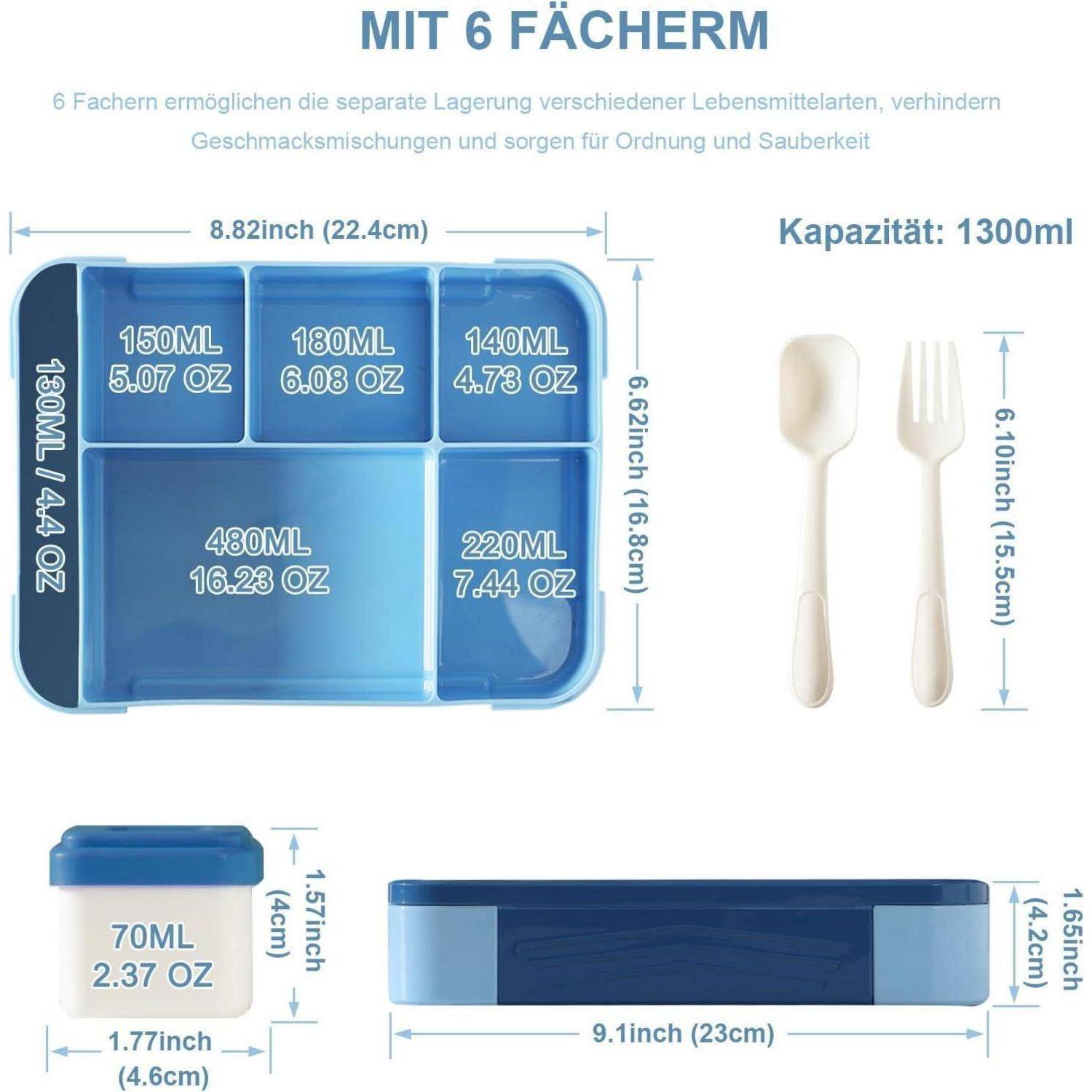 Brotdose mit Fächern 1300ml Lunchbox für Kinder Auslaufsicher Bento