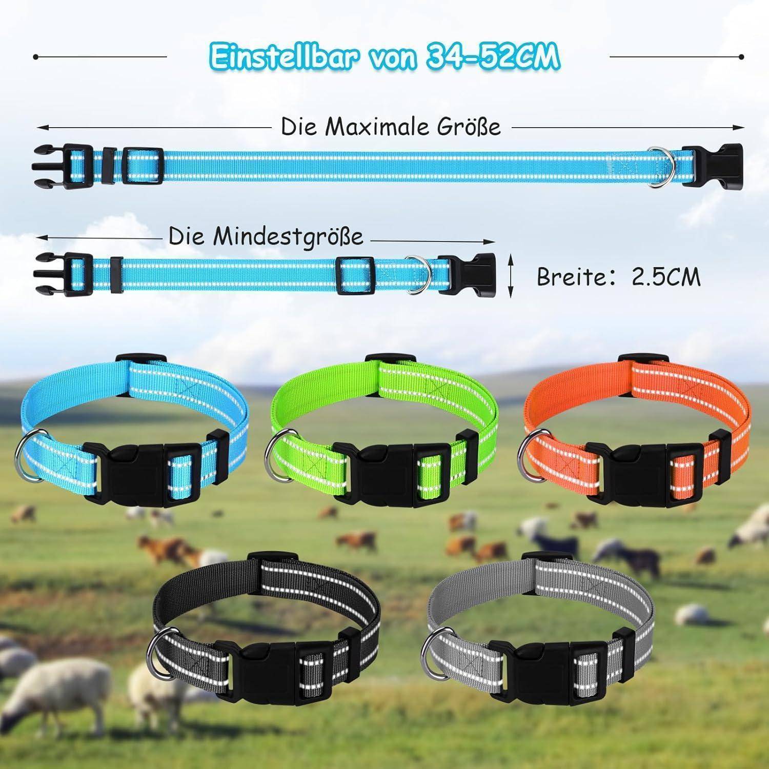 5er Set Reflektierende Ziegenhalsbänder mit Glöckchen - Verstellbarer