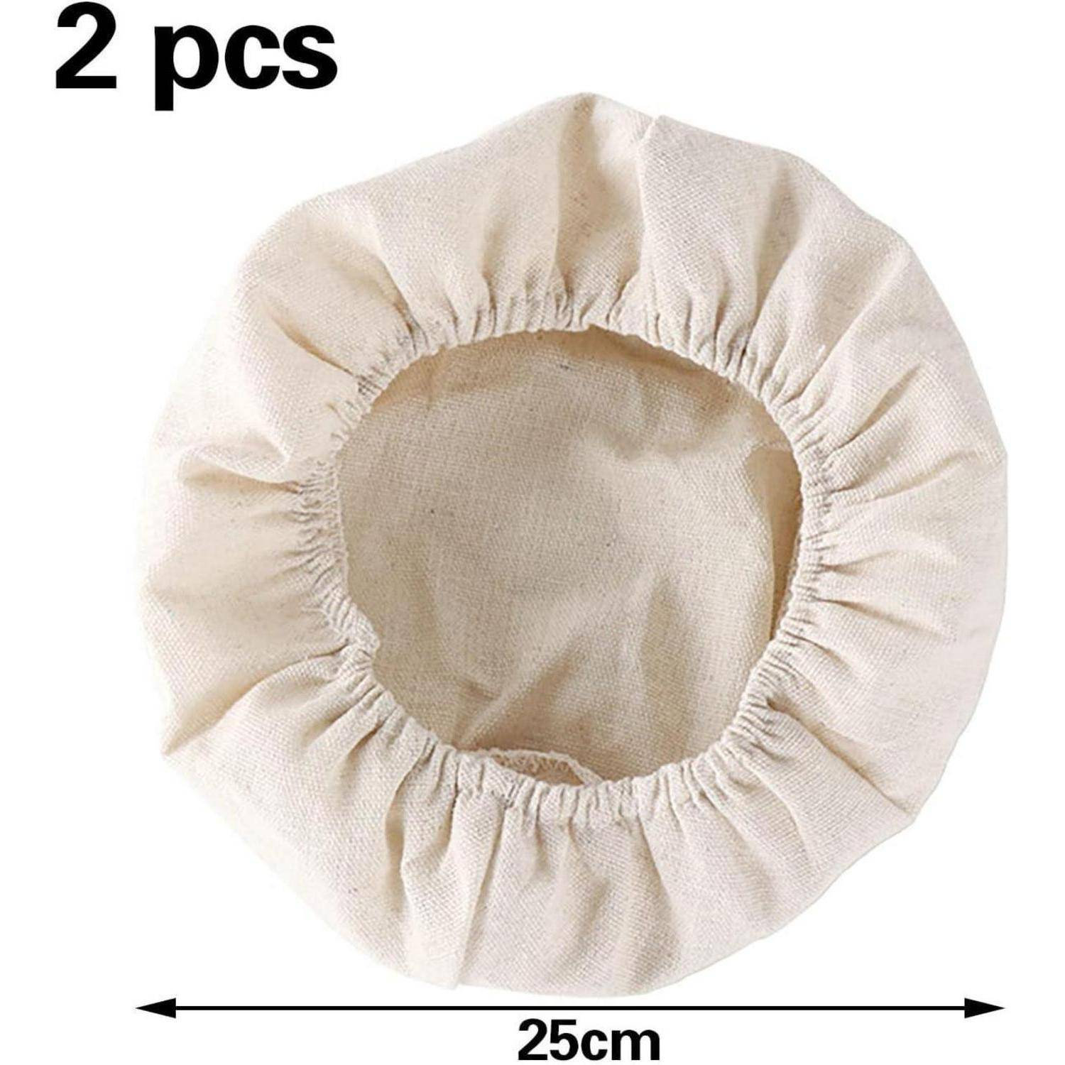 Zwei beige Schüsselabdeckungen mit elastischen Kanten, 25 cm im Durchmesser, als '2 Stück' präsentiert mit angegebener Größe.