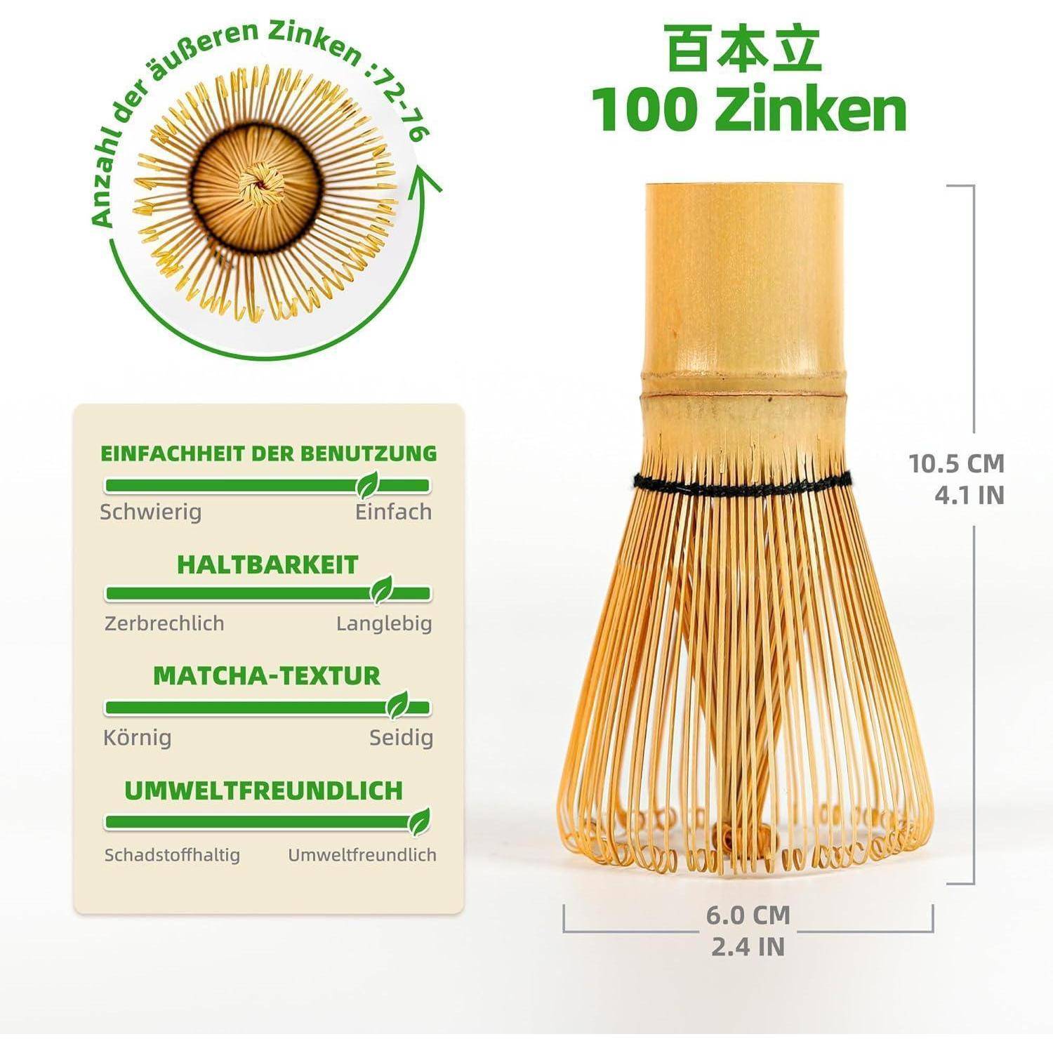 Bambus-Teebesen mit 100 Zinken, 10,5 cm hoch, 6 cm breit. Merkmale umfassen Benutzerfreundlichkeit, Langlebigkeit, Matcha-Konsistenz und Umweltfreundlichkeit.