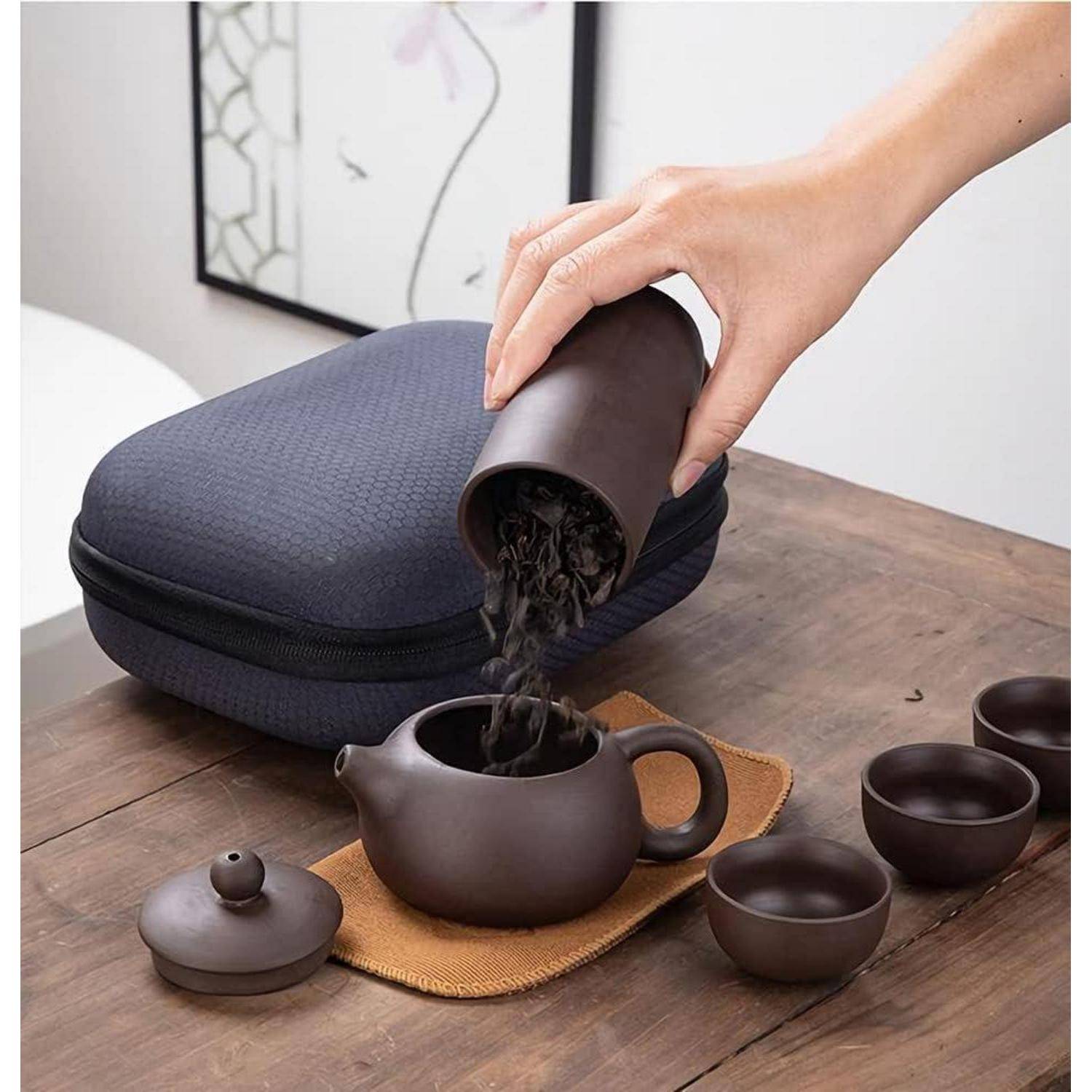Chinesisches Keramik Teeset 7-teilig mit Teekanne und Tragetasche