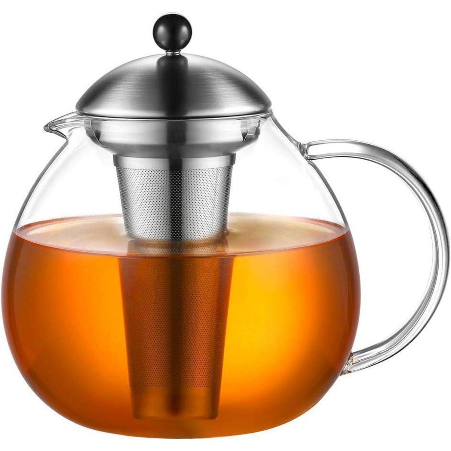 Silberne Teekanne 2000ml mit Edelstahl Teesieb Borosilicate Glas