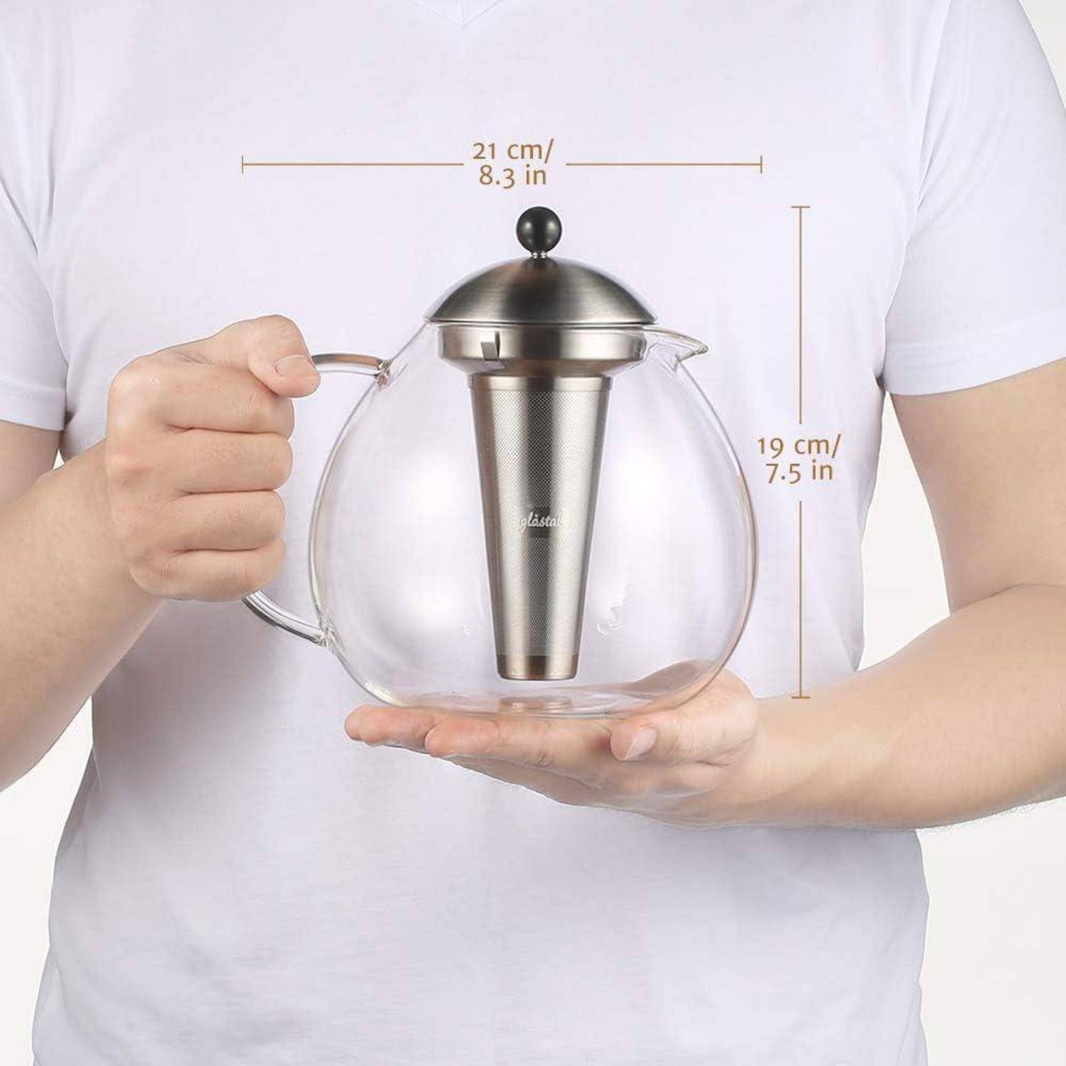 Silberne Teekanne 2000ml mit Edelstahl Teesieb Borosilicate Glas