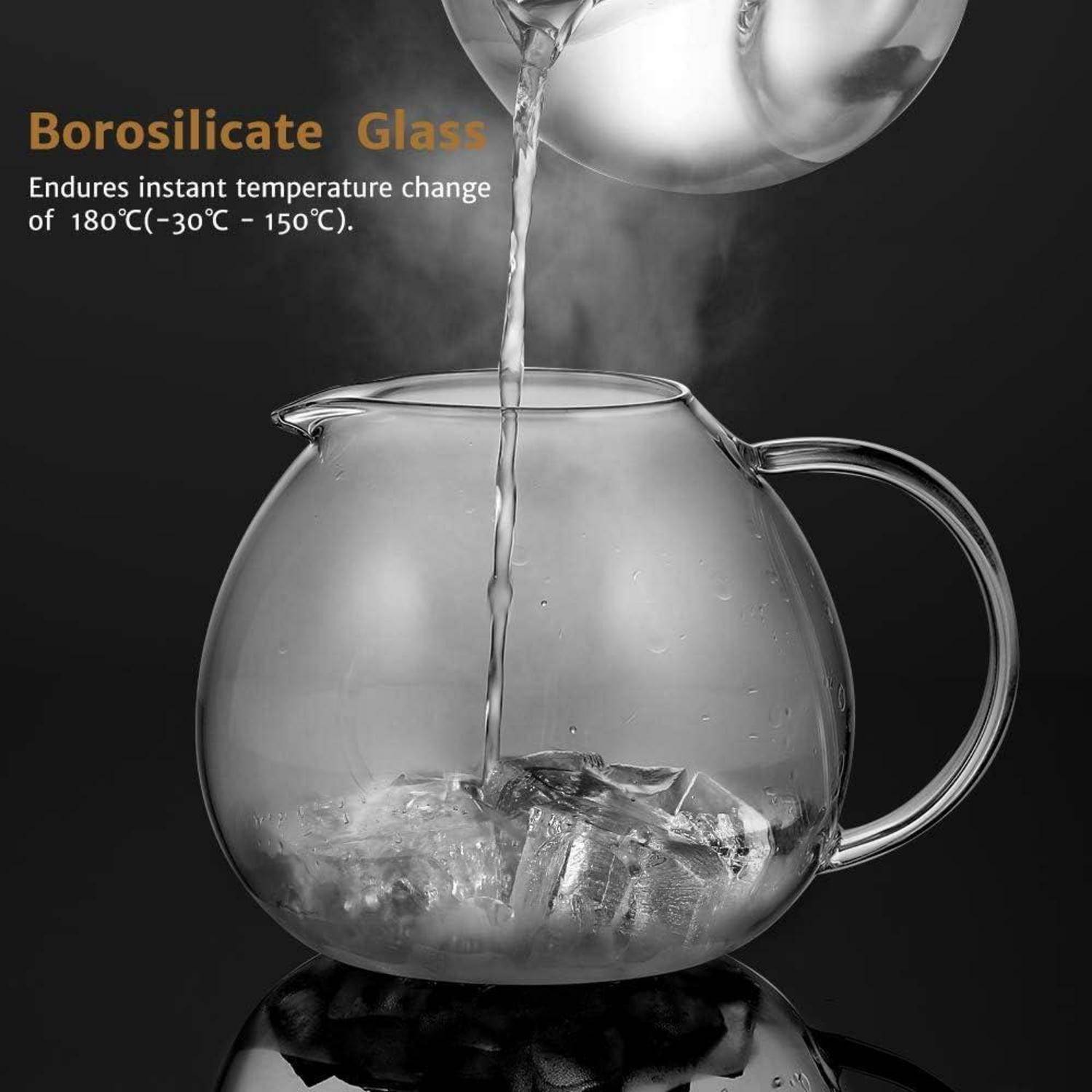 Silberne Teekanne 2000ml mit Edelstahl Teesieb Borosilicate Glas