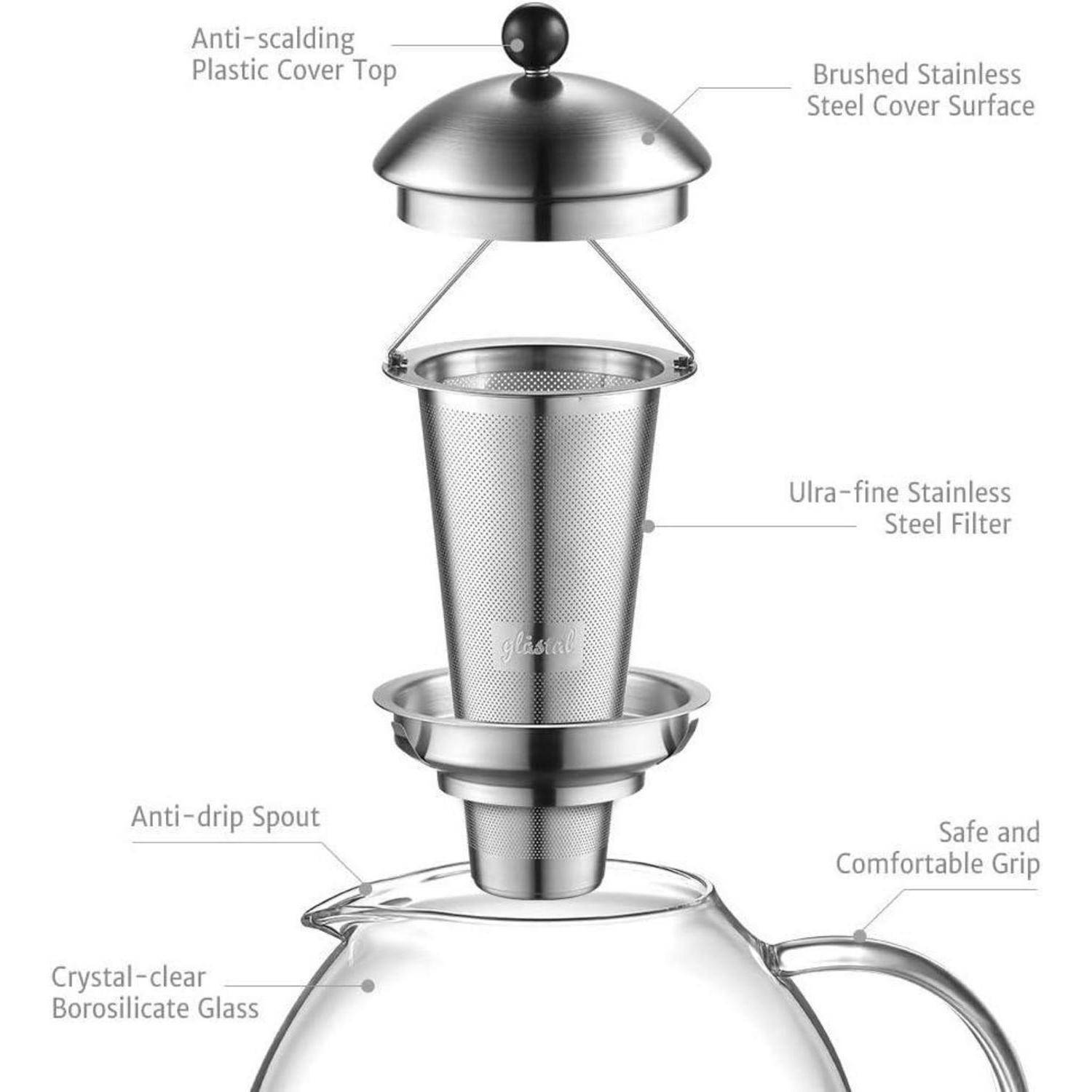 Silberne Teekanne 2000ml mit Edelstahl Teesieb Borosilicate Glas