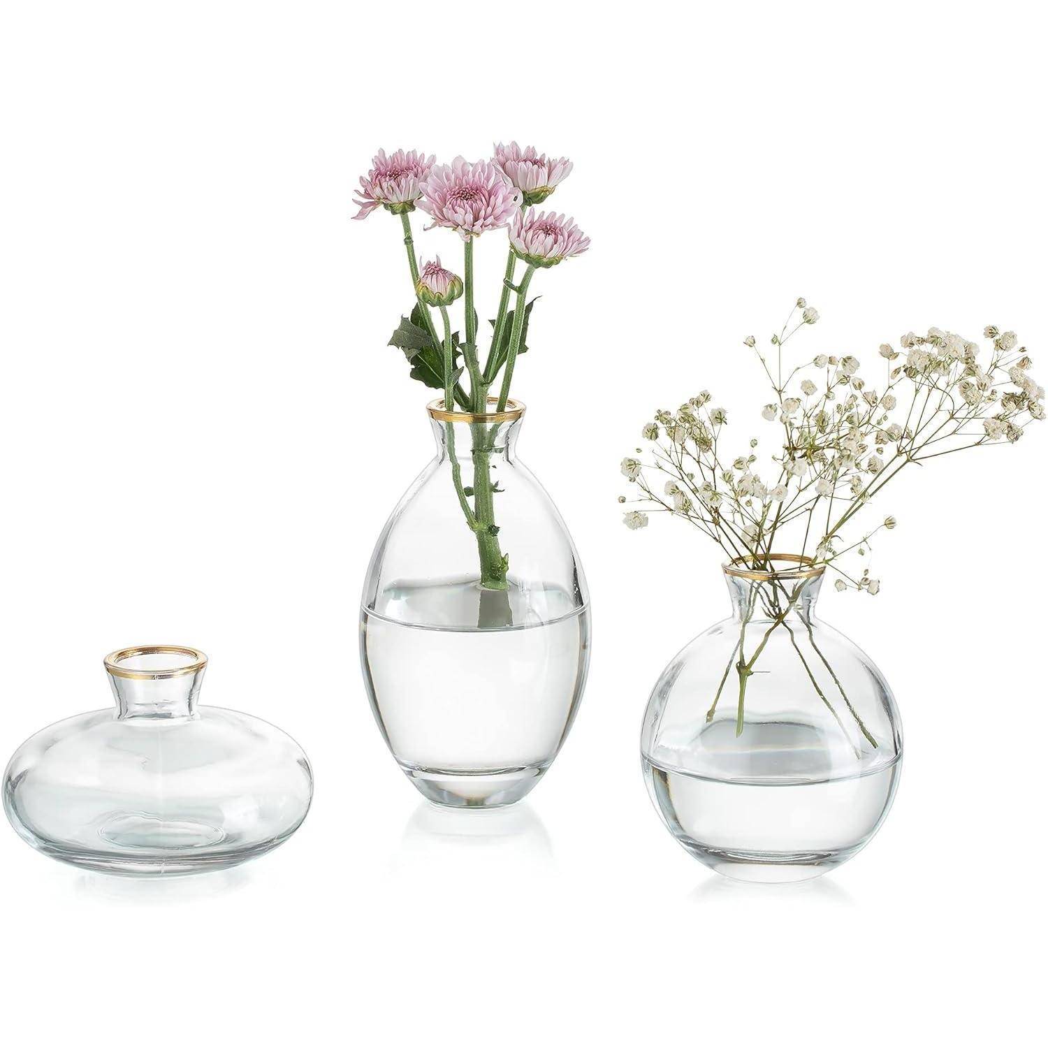 Kleine Vintage Glasvase Set Goldrand Blumenvase Deko Tisch Wohnzimmer