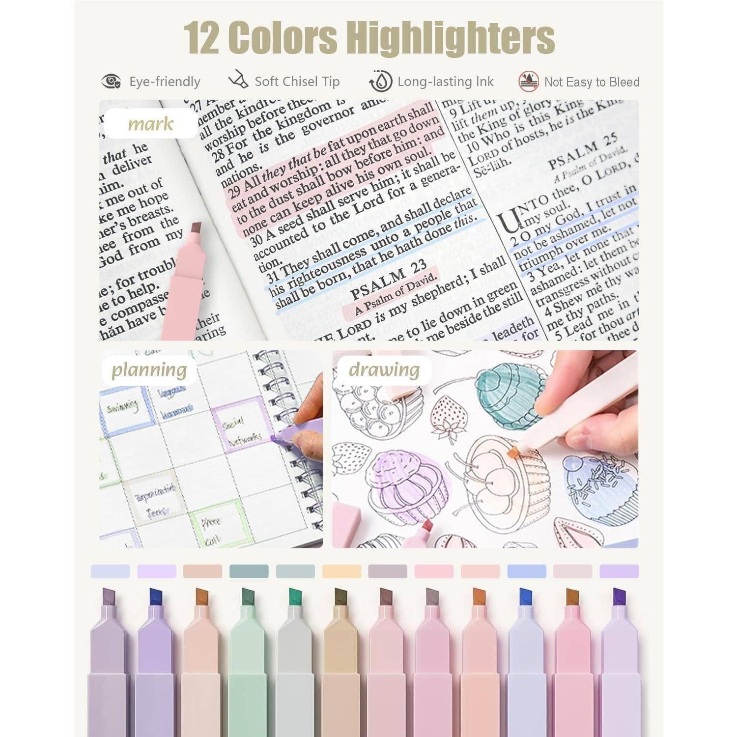 12 Farben Textmarker' in Pastelltönen, die Text und Illustrationen hervorheben. Merkmale sind augenfreundlich, weiche Keilspitze, langanhaltende Tinte und minimales Durchscheinen.