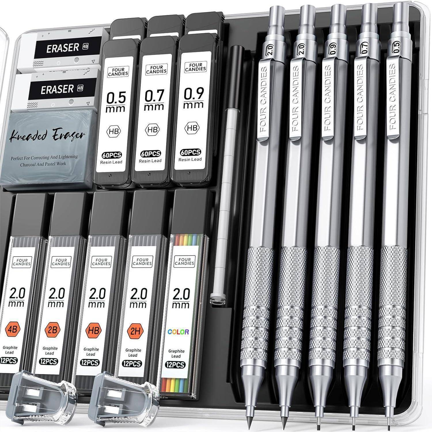 Metall-Druckbleistift-Set, 3 Kunst-Minenbleistifte 0,5/0,7/0,9mm & 2