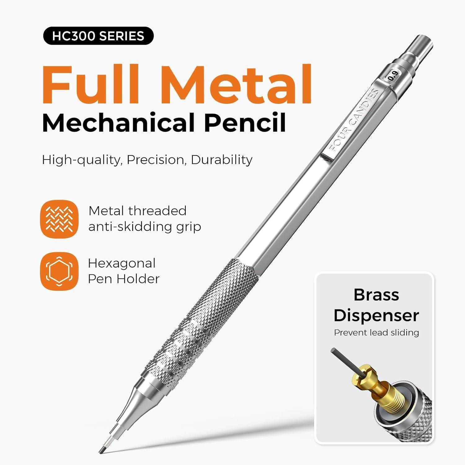 Metall-Druckbleistift-Set, 3 Kunst-Minenbleistifte 0,5/0,7/0,9mm & 2