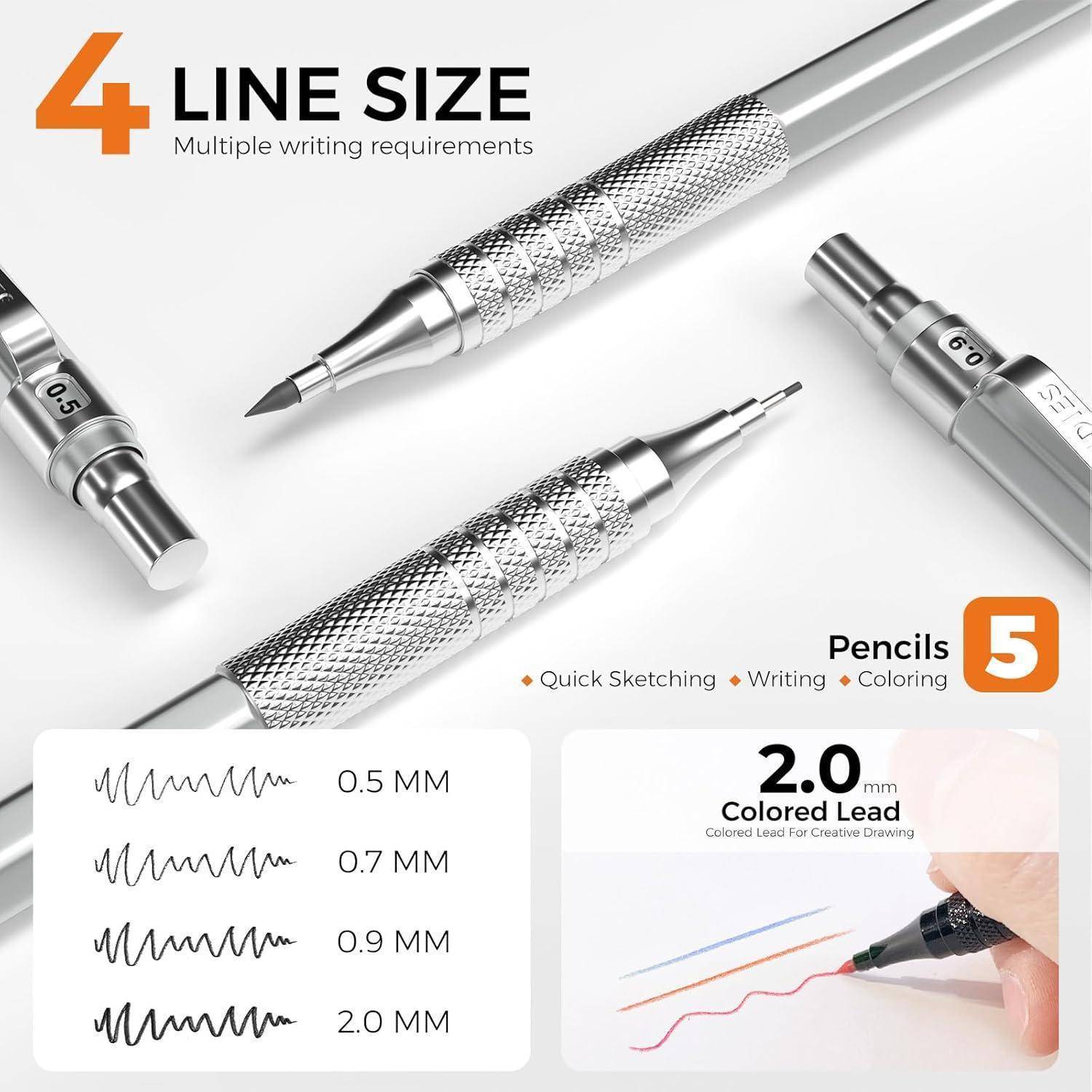 Metall-Druckbleistift-Set, 3 Kunst-Minenbleistifte 0,5/0,7/0,9mm & 2
