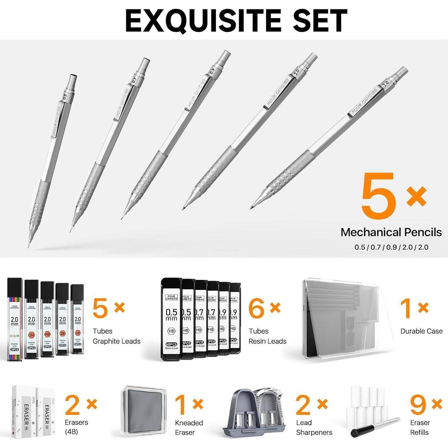 Metall-Druckbleistift-Set, 3 Kunst-Minenbleistifte 0,5/0,7/0,9mm & 2