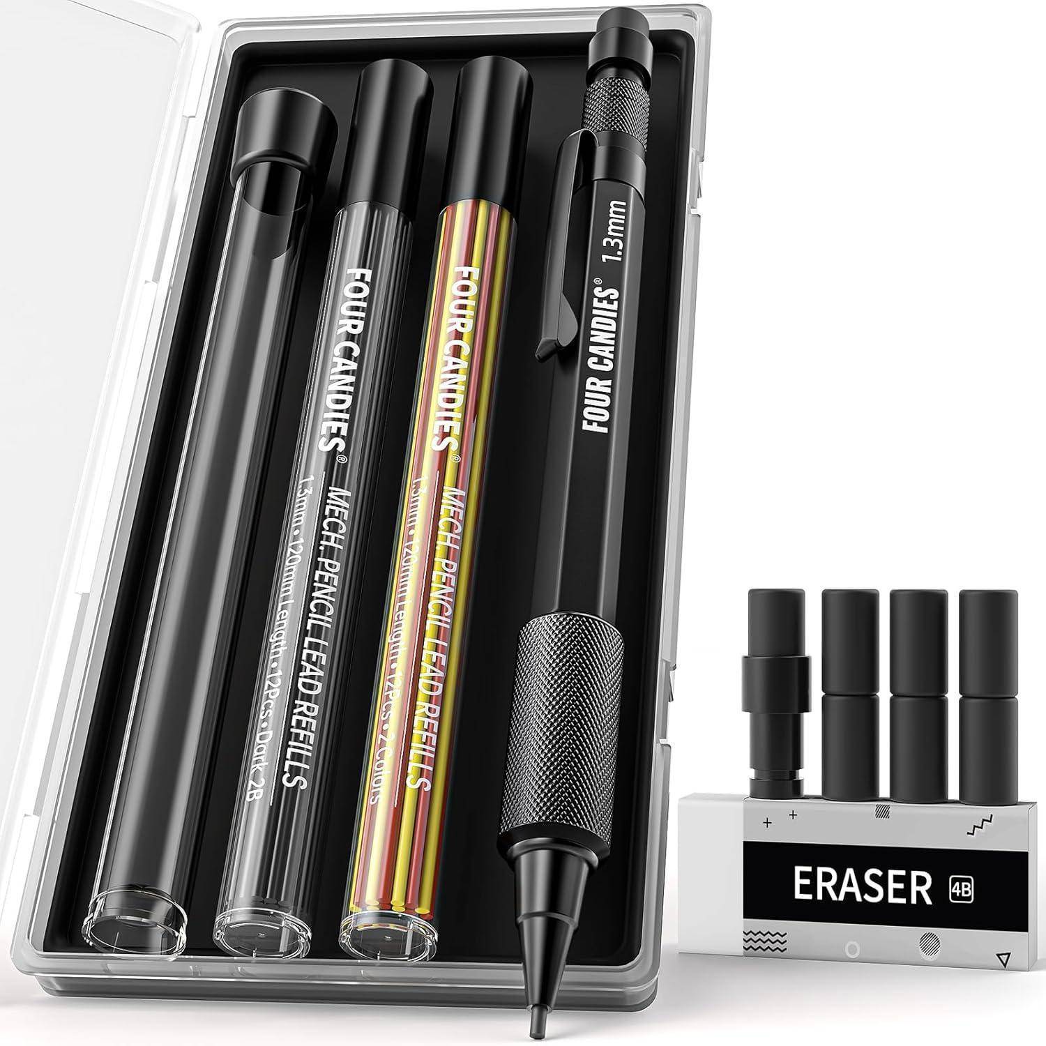 Druckbleistift Set 1,3mm Metall 24 Minen Radiergummi 6 Nachfüllungen