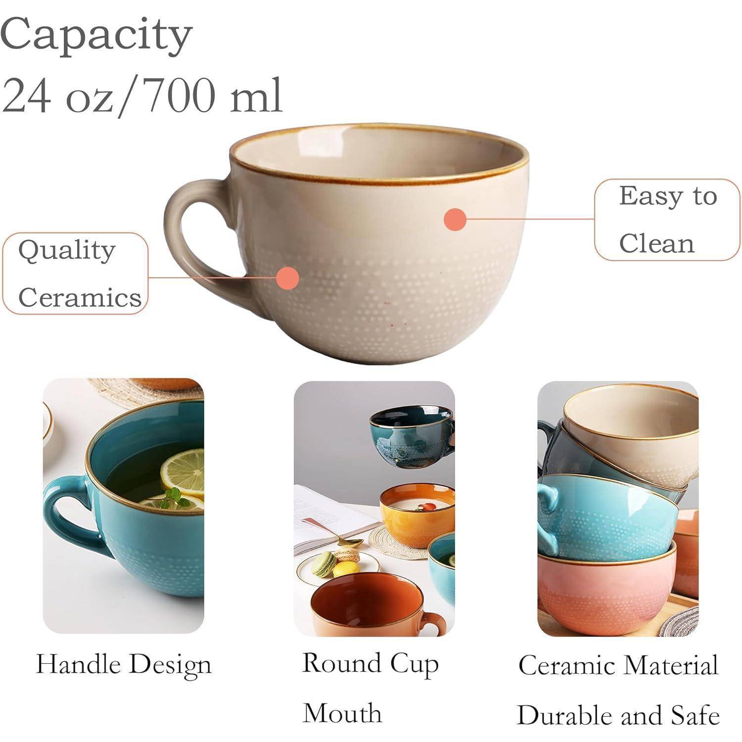 Becher mit 24 oz/700 ml Fassungsvermögen mit Henkel; Highlights: hochwertige Keramik, leicht zu reinigen. Andere Bilder zeigen Design, Mündung, Material.