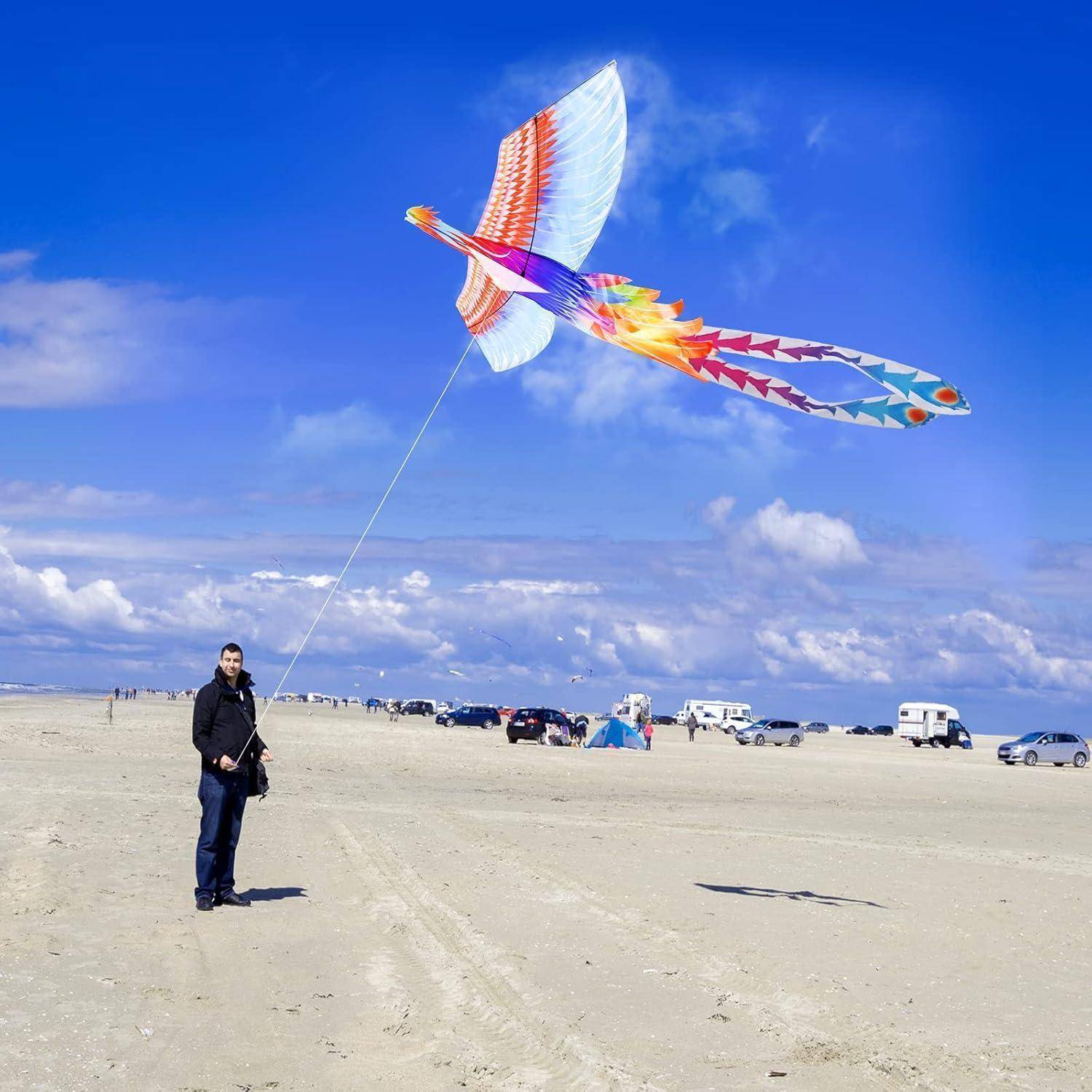 Eine Person lässt einen bunten vogelförmigen Drachen an einem weiten Sandstrand unter einem strahlend blauen Himmel steigen, während im Hintergrund Autos und Zelte zu sehen sind.