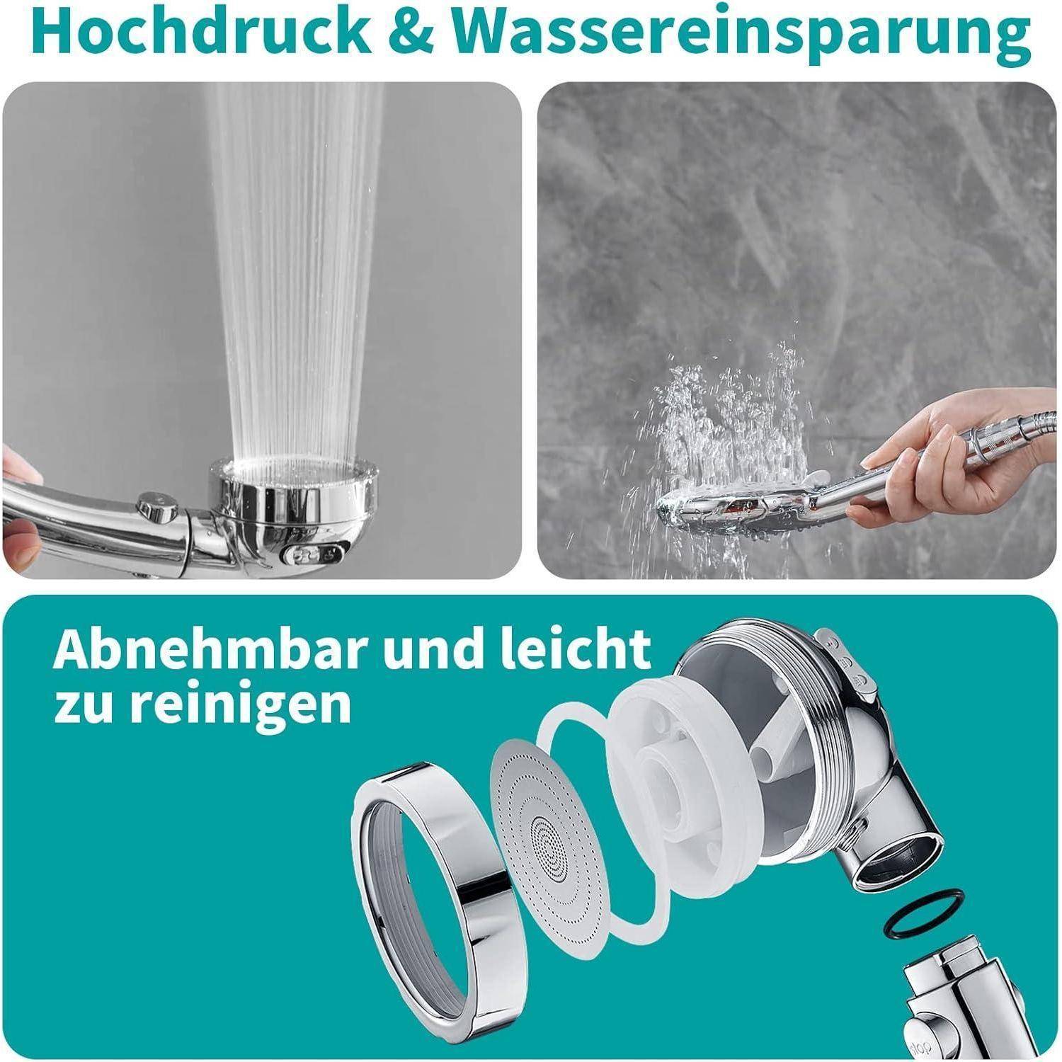 Das Bild zeigt eine Duschbrause mit Hochdruck und wassersparenden Eigenschaften. Sie ist abnehmbar und leicht zu reinigen, wobei die auseinandergenommenen Teile dargestellt sind.