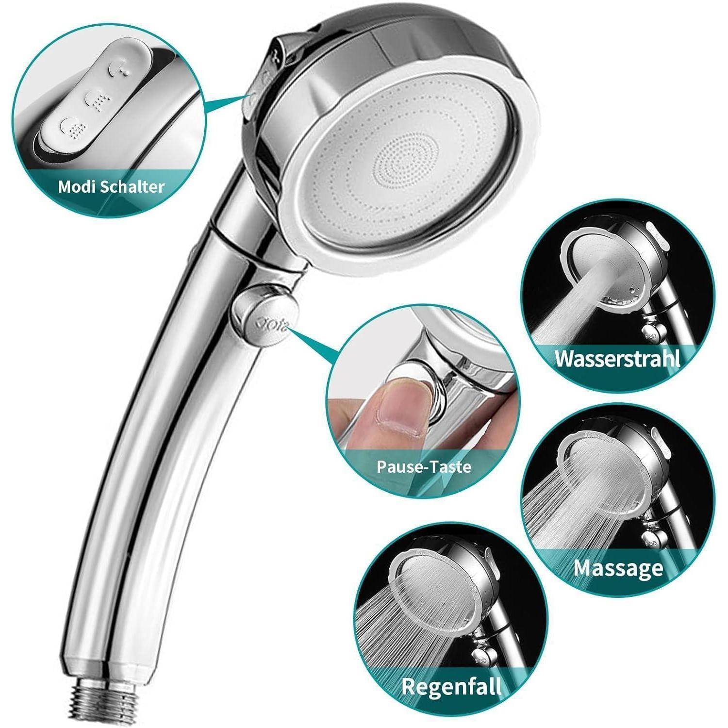 Abnehmbarer Duschkopf mit Pausetaste, drei Einstellungen: 'Wasserstrahl', 'Massage' und 'Regenfall'. Silbernes Design.