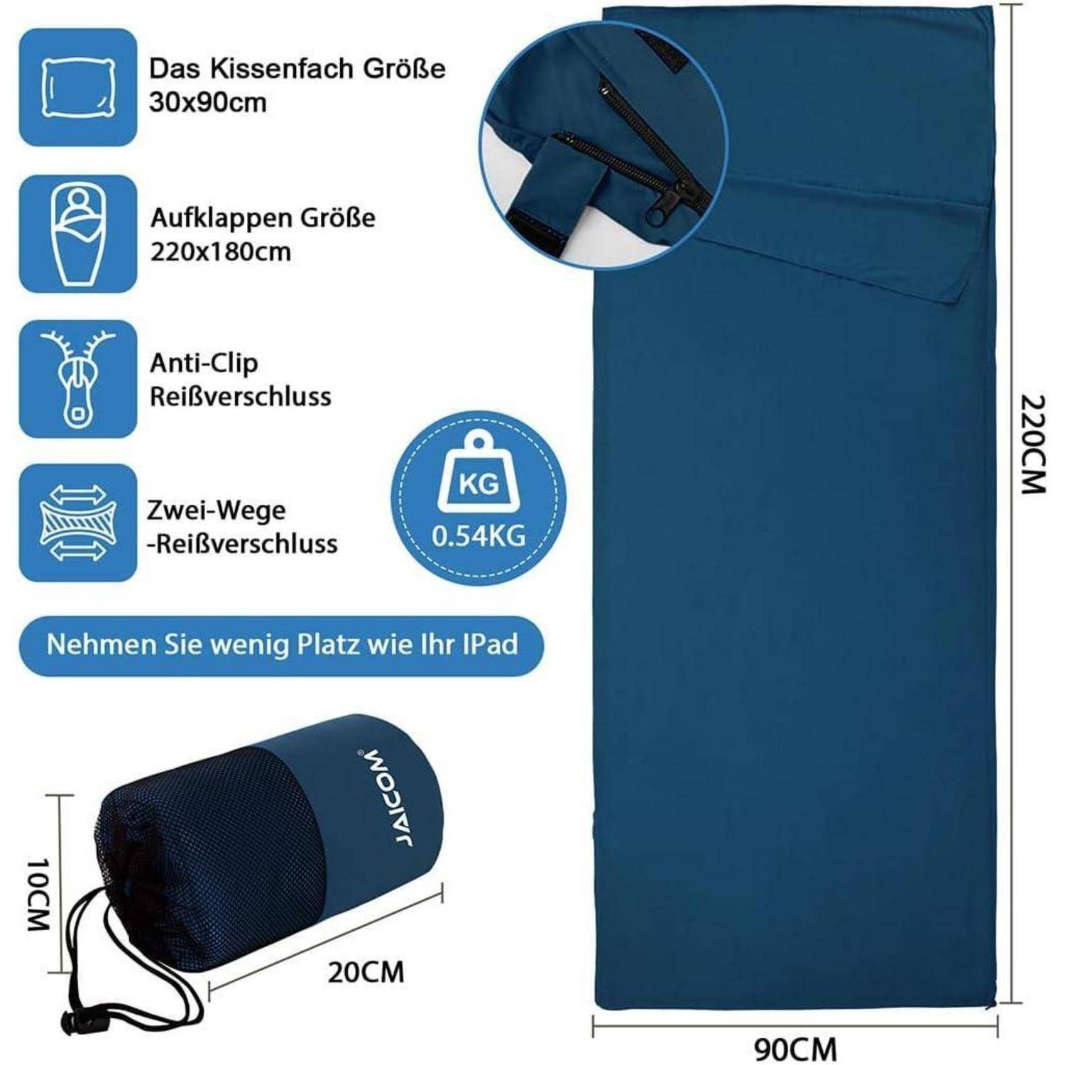 Ein blauer, leichter Schlafsack mit Maßen von 220 cm x 90 cm und einem Gewicht von 0,54 kg. Zu den Eigenschaften gehören ein Zweiwege-Reißverschluss und ein Anti-Klemmschutz-Design. Die kompakte Rollfläche beträgt 20 cm x 10 cm.