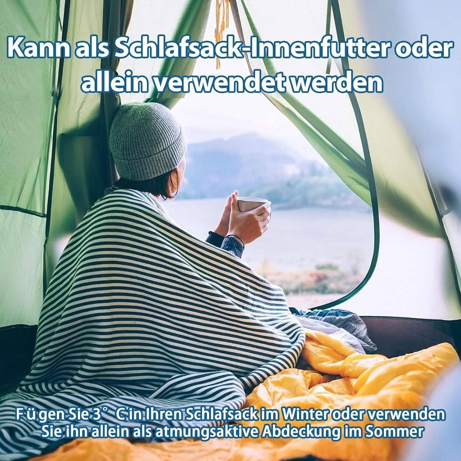 Eine Person, in eine Decke gehüllt, sitzt in einem Zelt und blickt auf eine malerische Aussicht mit Bergen und Wasser. Deutscher Text über die Verwendung eines Schlafsacks.
