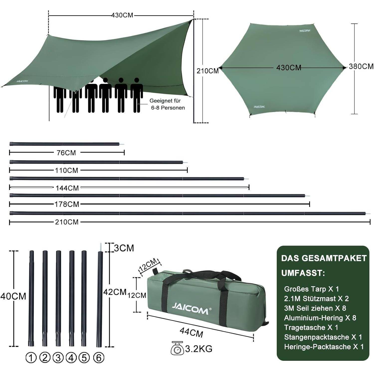 Eine große grüne Plane, geeignet für 6-8 Personen, mit Maßangaben. Enthält Stangen, Heringe, Seile und einen Aufbewahrungsbeutel. Das Paket wiegt 3,2 kg.