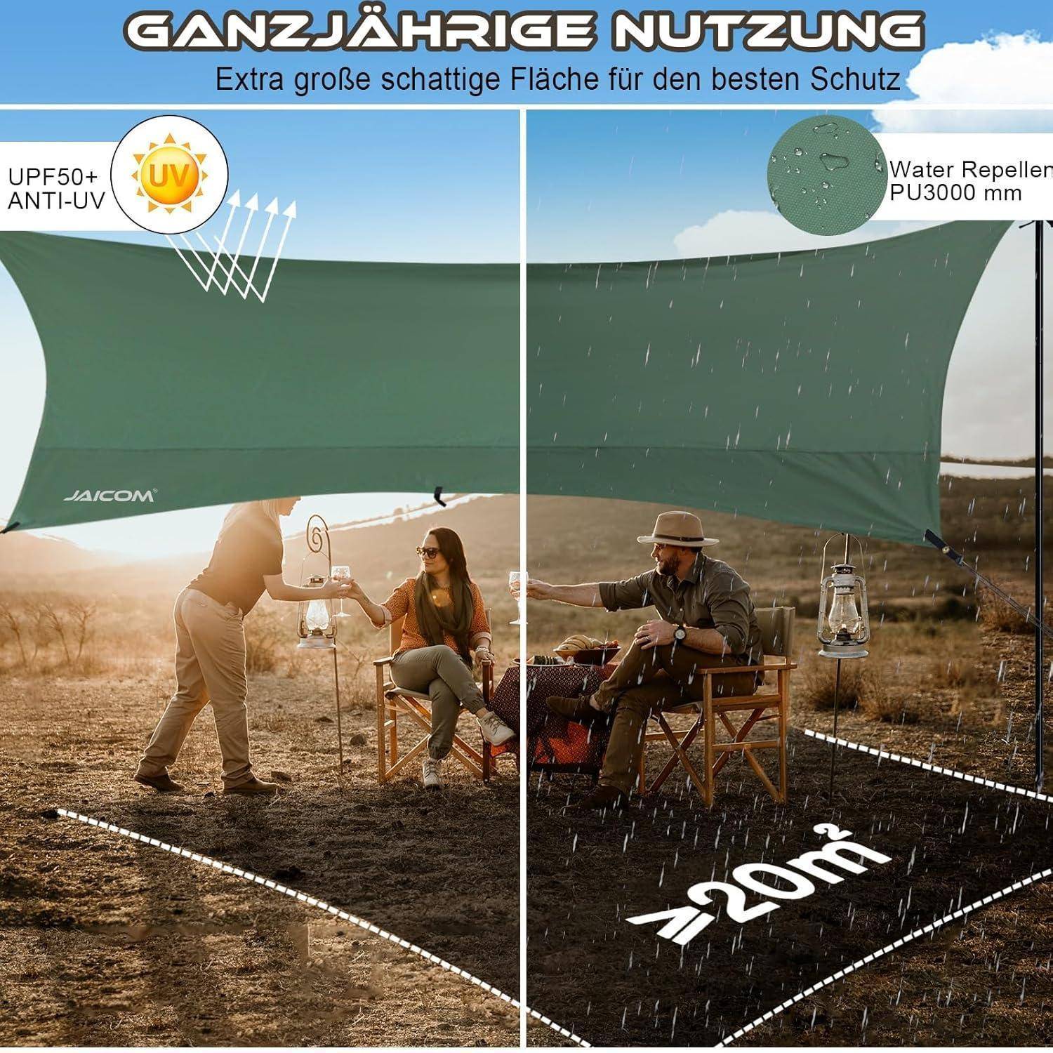 Eine Familie sitzt unter einer grünen Plane in Campingstühlen und ist vor Sonne und Regen geschützt. Der Text hebt den UV-Schutz und die Wasserdichtigkeit hervor.