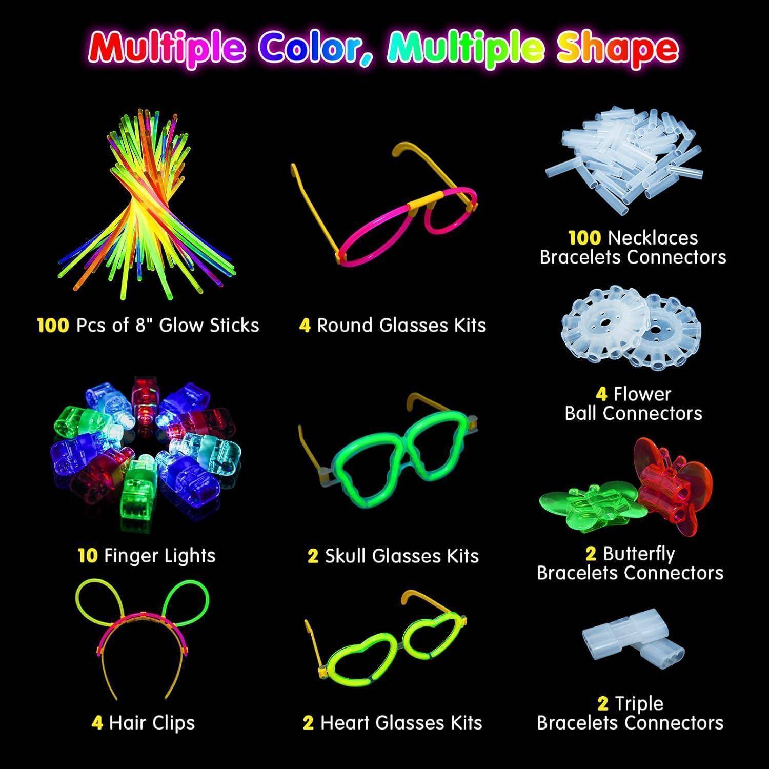 Knicklichter-Set mit Zubehör: 100 Knicklichter, 10 Fingerlights, 4 Haarspangen, verschiedene Verbinder und unterschiedliche Brillen-Kits.