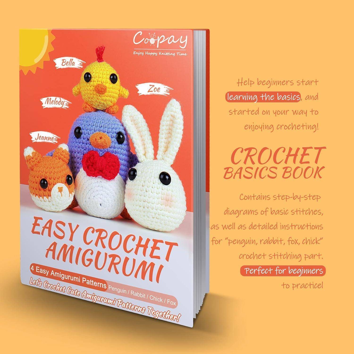 Umschlag von 'Einfache Amigurumi Häkeln' Buch mit gehäkelten Tieren: Pinguin, Hase, Küken, Fuchs. Texthinweise auf anfängerfreundliche Anleitungen.