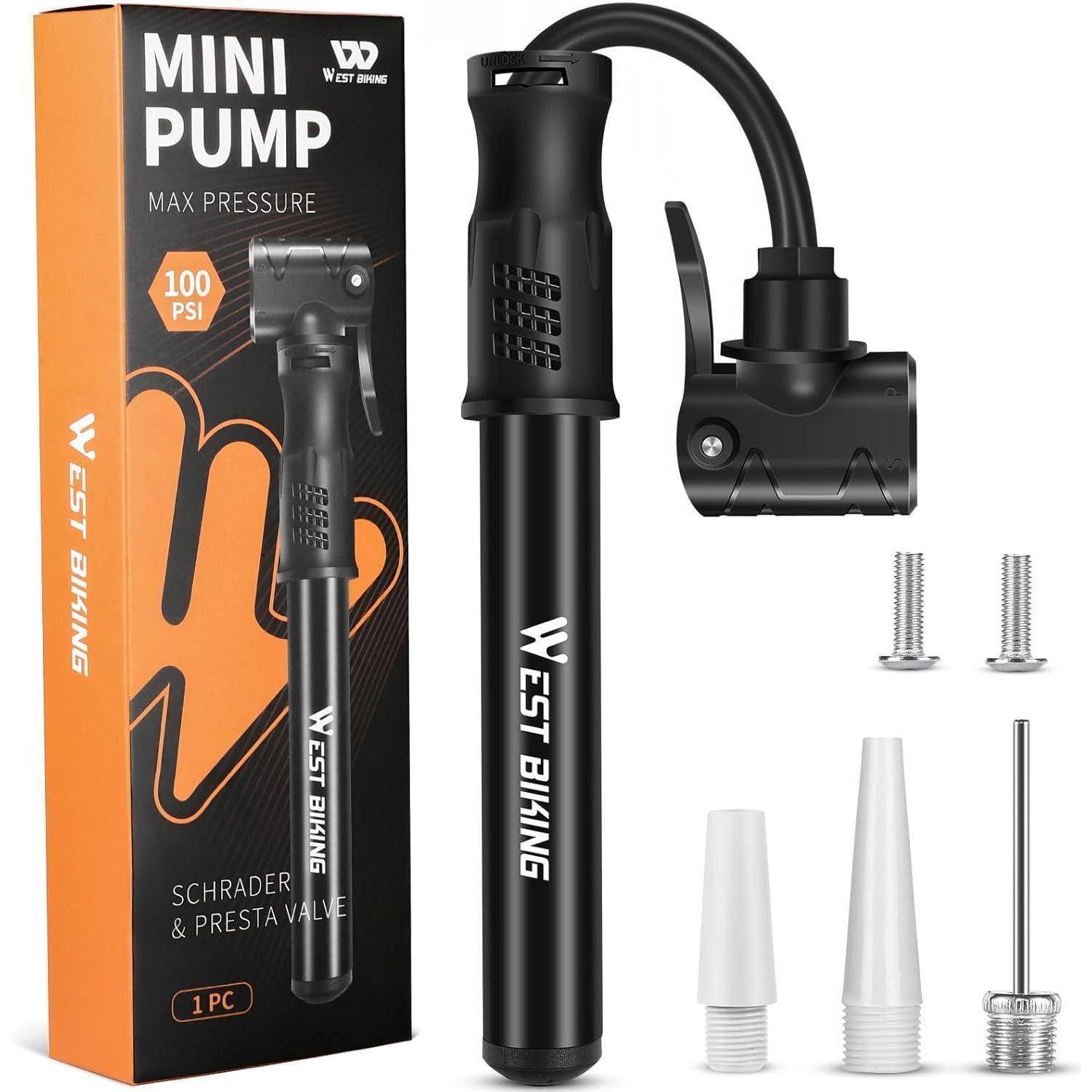 Eine schwarze Mini-Fahrradpumpe mit einem flexiblen Schlauch, kompatibel mit Schrader- und Presta-Ventilen, zusammen mit verschiedenen Adaptern und zwei Schrauben.