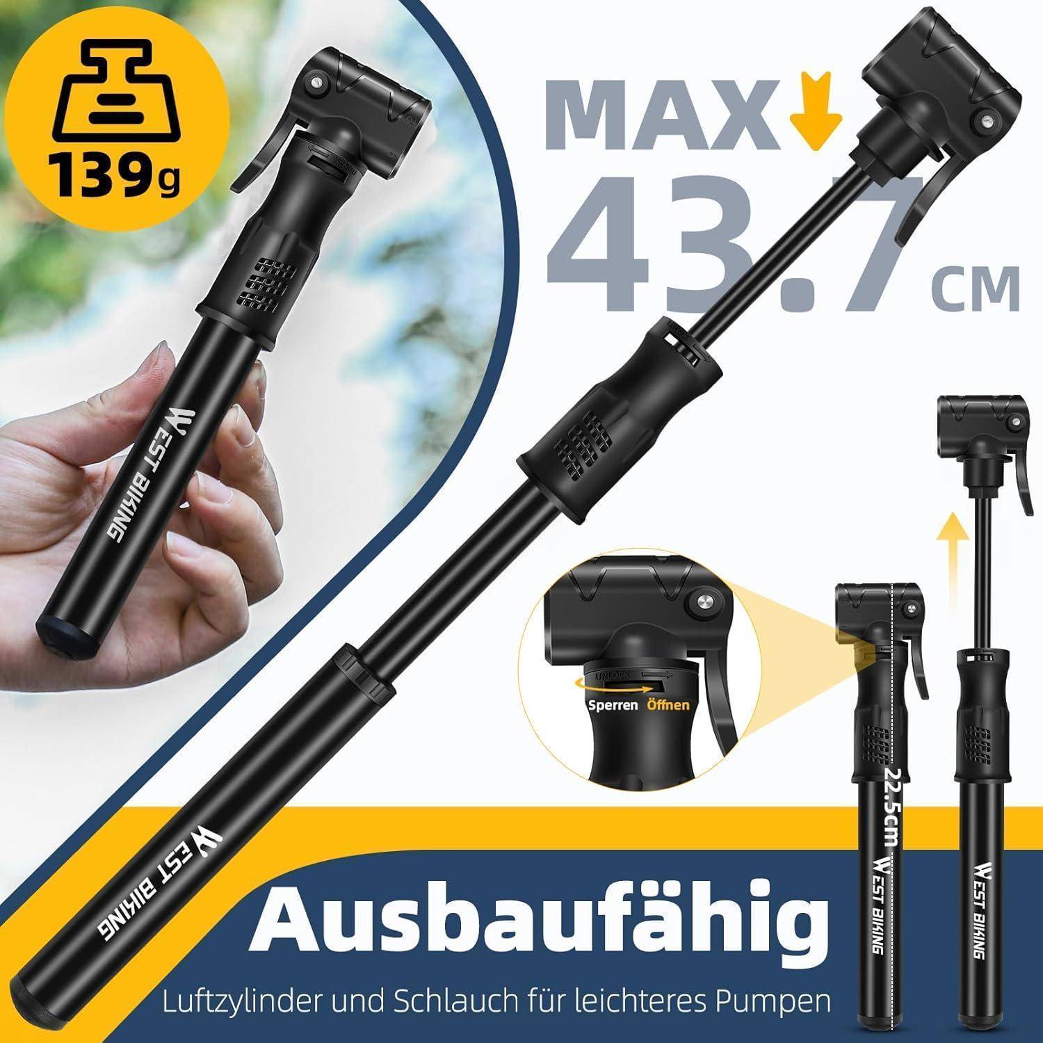 VeloChampion Pro Ausziehbare Mini-Pumpe' in Schwarz, leicht mit 139g, ausziehbar bis zu 43,7 cm, mit Luftzylinder und Schlauch für einfaches Pumpen.