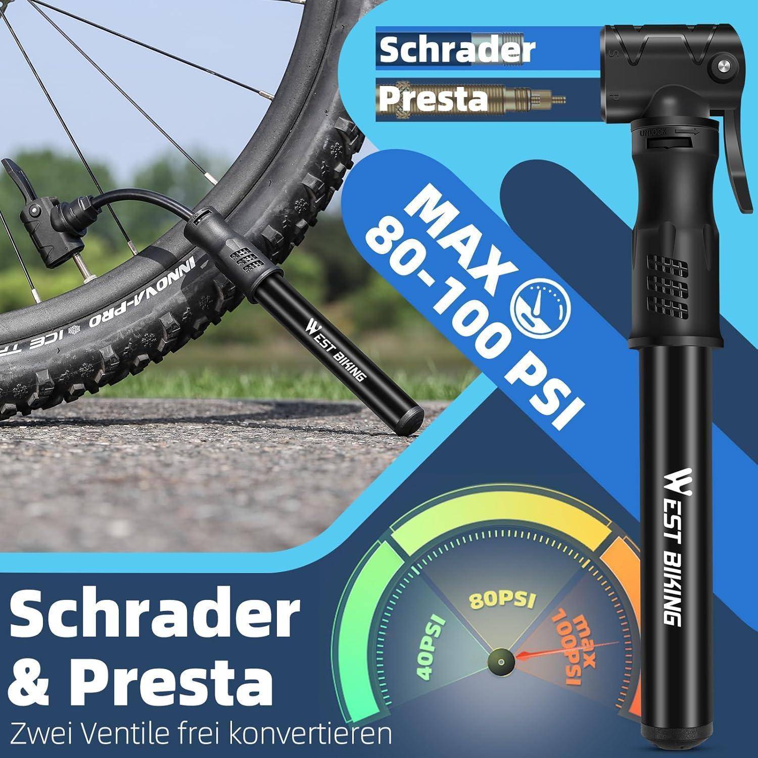 Eine Fahrradluftpumpe wird gezeigt mit Text, der auf 