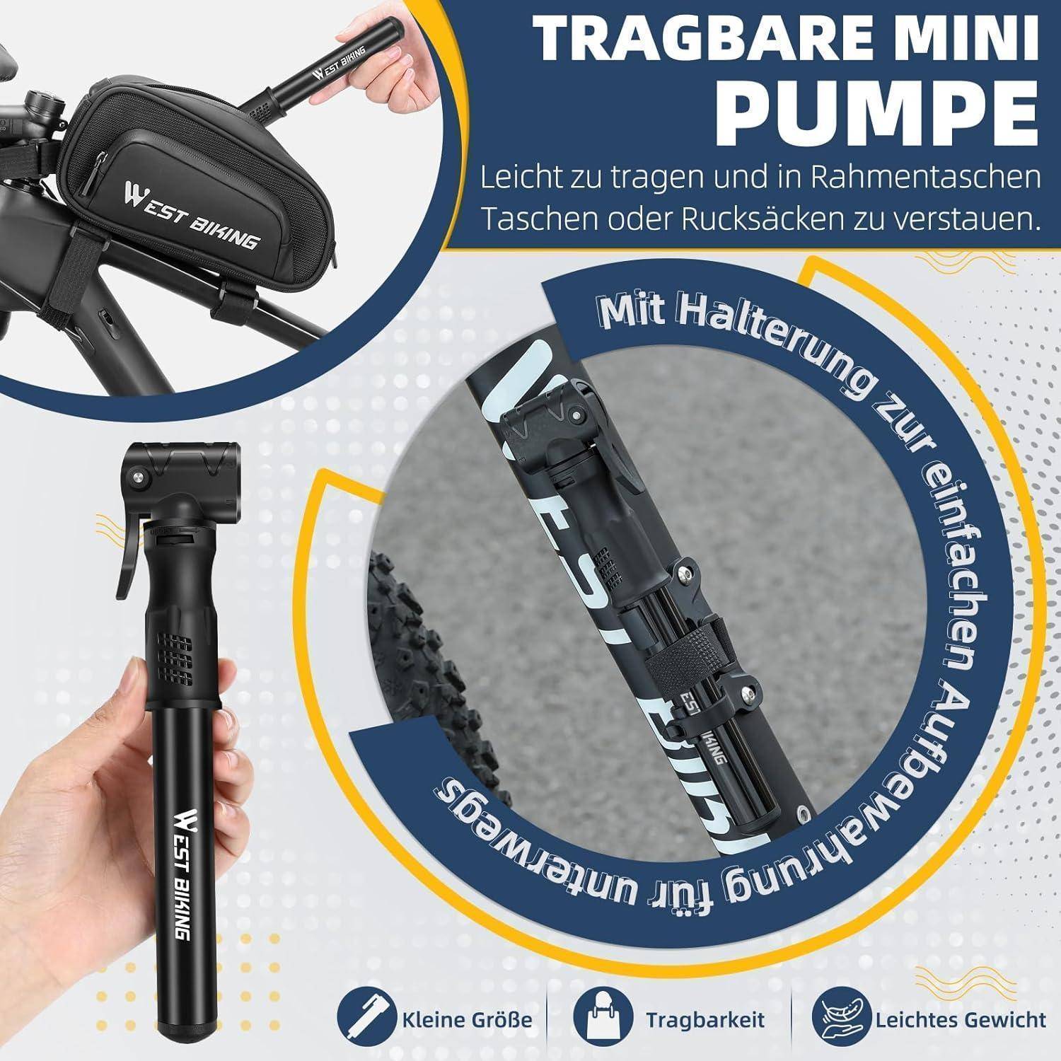 Eine Mini-Fahrradpumpe mit der Markenbezeichnung 'West Biking', ausgestattet mit Funktionen zum einfachen Tragen und Montage am Rahmen, mit Betonung auf kompakter Größe und geringem Gewicht.