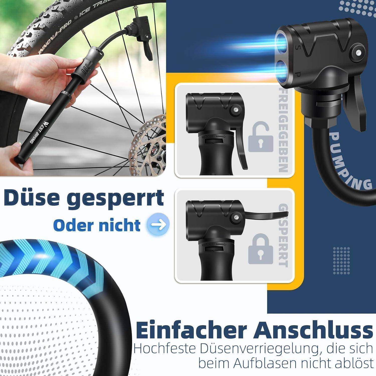Eine Person benutzt eine Fahrradpumpe, um einen Reifen aufzupumpen. Einschübe zeigen Details des Düsenmechanismus mit den Bezeichnungen „OFFEN