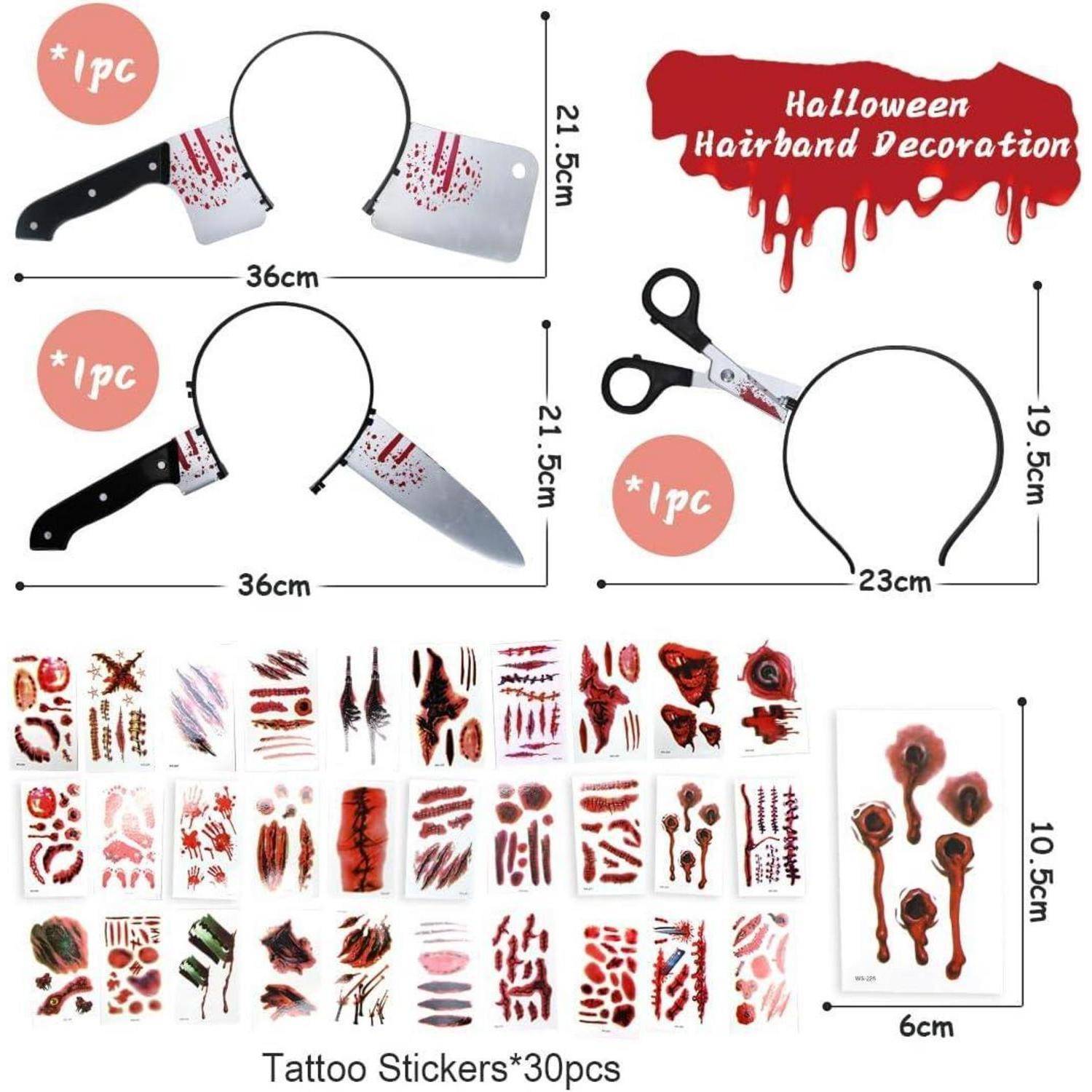 Halloween-Haarband-Dekoration zeigt Haarbänder, die als Hackmesser und Schere mit Kunstblut gestaltet sind. Enthält 30 blutige Tattoo-Sticker.