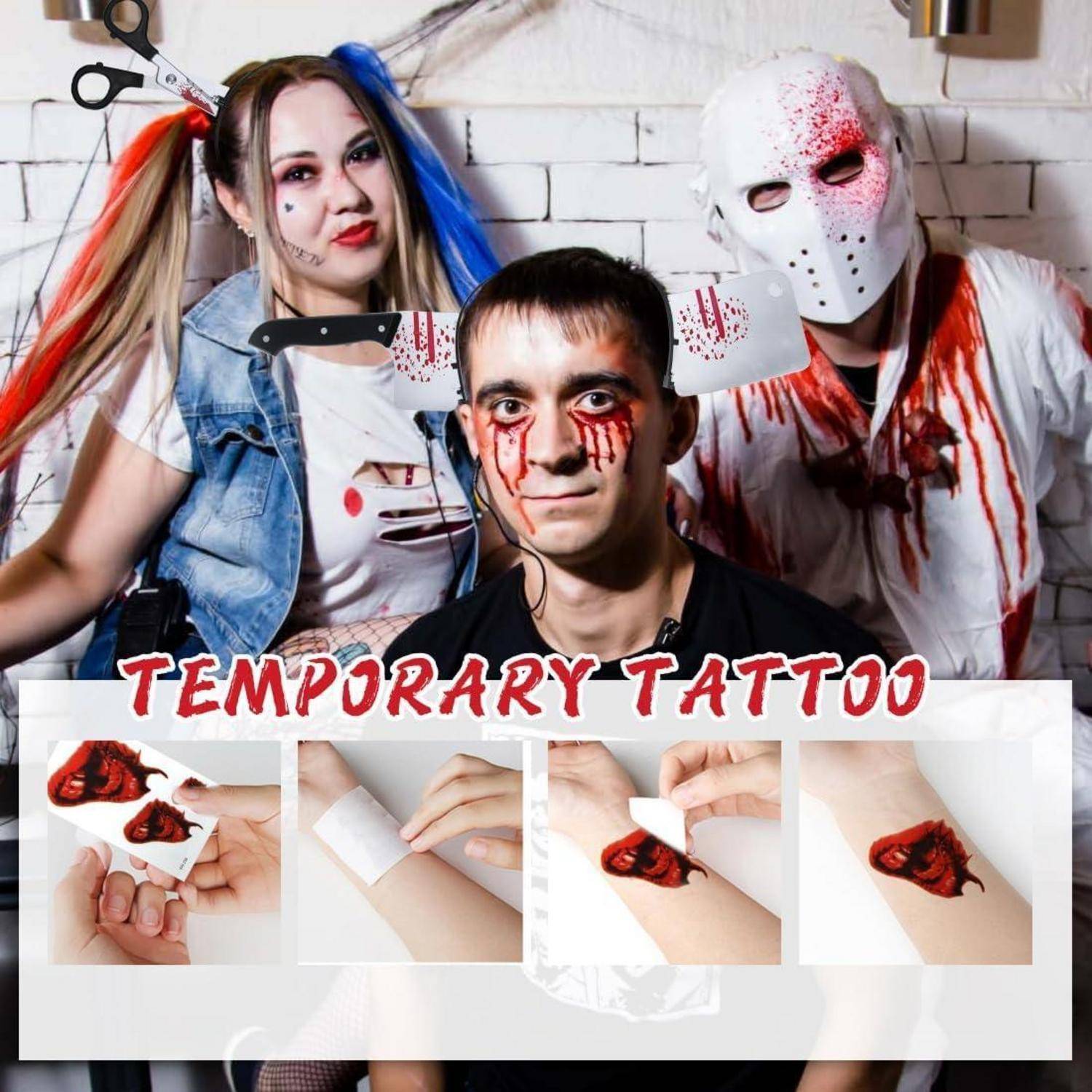 Kit-Werbung für 'Temporäre Tattoos' mit drei Personen in Horrorverkleidungen und Bluteffekten. Zwei Personen demonstrieren die Anbringung eines Tattoos.